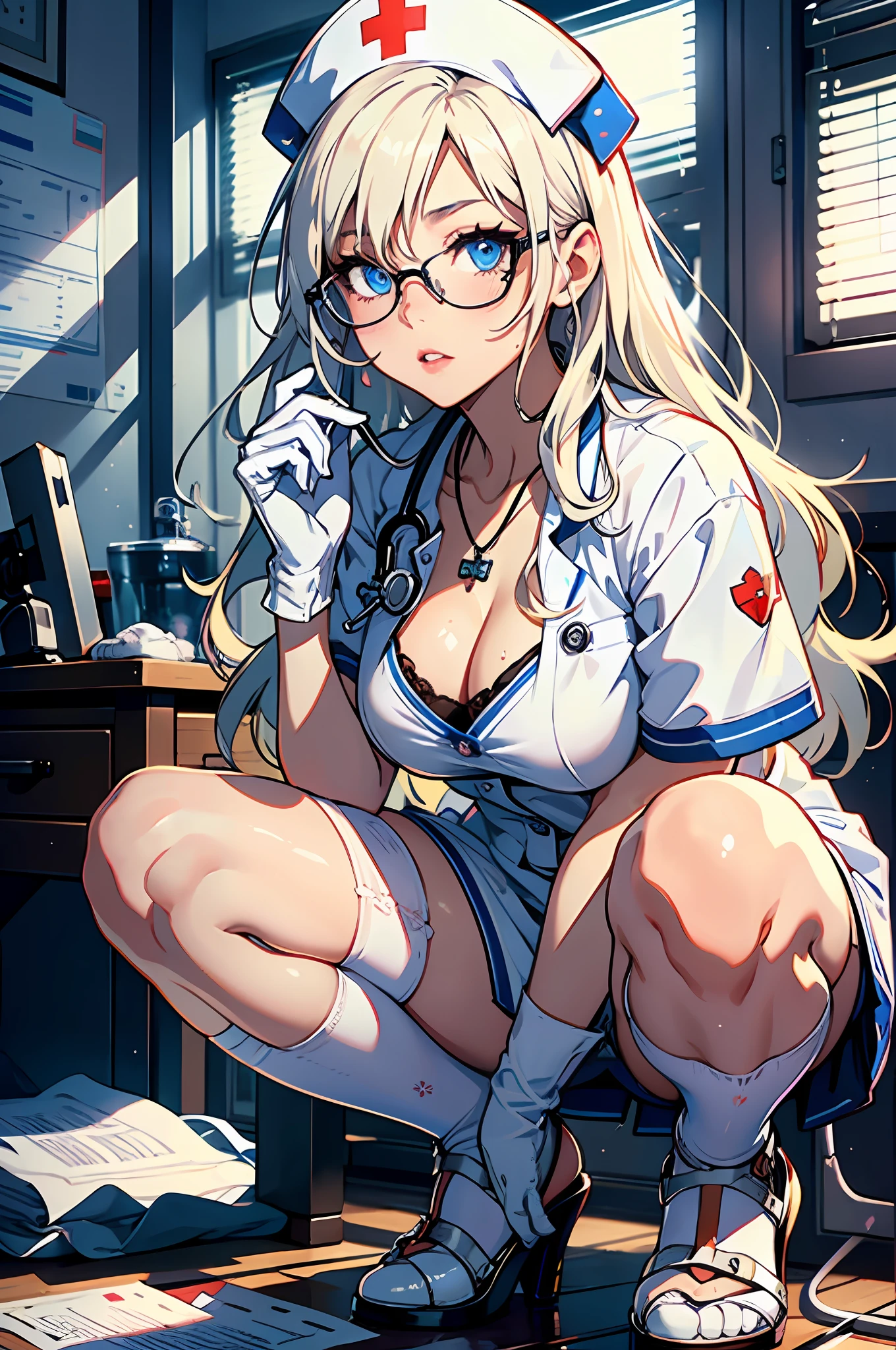 1girl in, (Solo:1.2), (beautifully detailed eyes), (beautiful and detailed face), Perfect female body, (neat figure), Slender waist,  (20yr old), Long hair, Platinum Blonde Hair, Two-side-up,Very big eyes, Blue eyes, Small glasses, Smaller chest, cleavage, blush, Shy, watery lips, Nurse, (Nurse Uniform), Nurse Cap, tight skirts,  (White Gloves:1.2), (White pantyhose), high-heels, a necklace, Hospital bed, White curtains, Sunlight, Squatting, Have medical records and thermometers, (Best Quality), (ultra-detailliert), (masuter piece), (hight resolution), (Original), (the Extremely Detailed CG Unity 8K Wallpapers), Character Design, Game CG, Detailed Manga Illustration