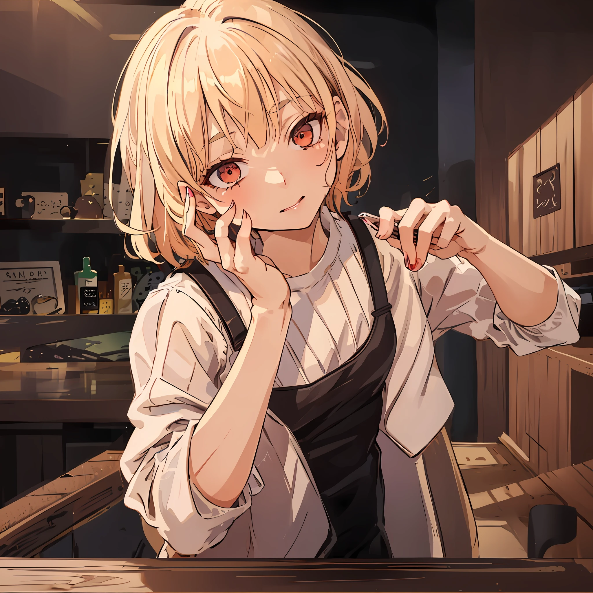 Anime girl with blonde hair and black apron holding a knife - SeaArt AI
