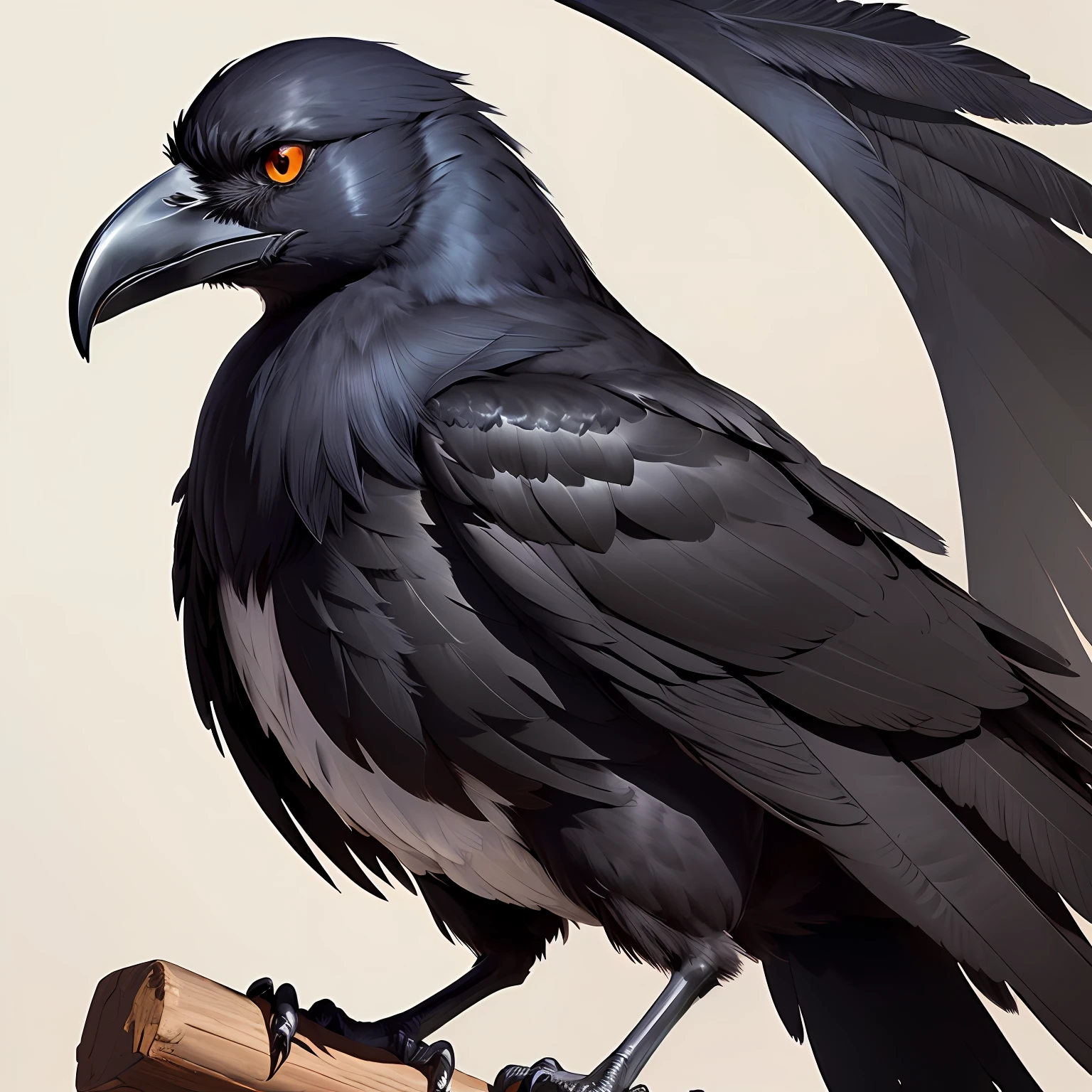 Black crow animal with black feathers, black beak and black paws with sharp nails and without one of the eyes anime version