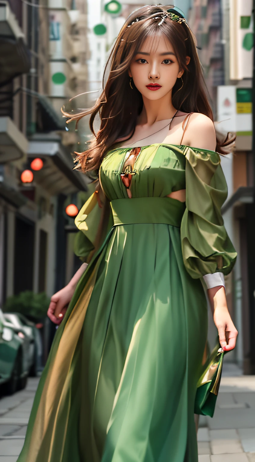 Arapei woman in green dress standing on a city street, green and brown clothes, wearing flowing dress, dressed with long fluent clothes, floating dress, with teal clothes, wearing elegant outfits, Woman in dress, Puff sleeves, Green dress, Green and brown tones, Bandeau Dress, skinny waist and thick hips, wearing a long flowy fabric