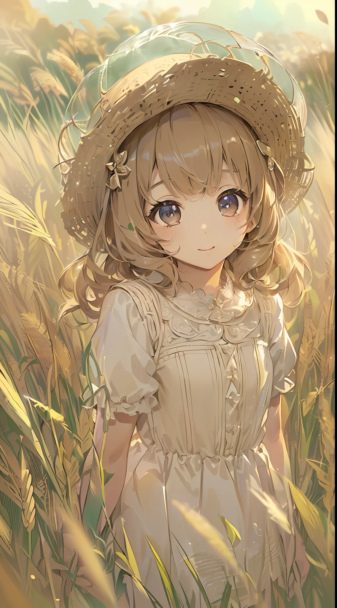 「(8k wallpaper:1.5)、(high-level image quality:1.3)、(animesque, illustratio:1.5)、(girl with、kawaii:1.8)、(beatiful detailed eyes:1.3)、(A slight smil:1.1)、(angelicales:1.5)、(grass field:1.3)、(sepia, gradients:1.5)」