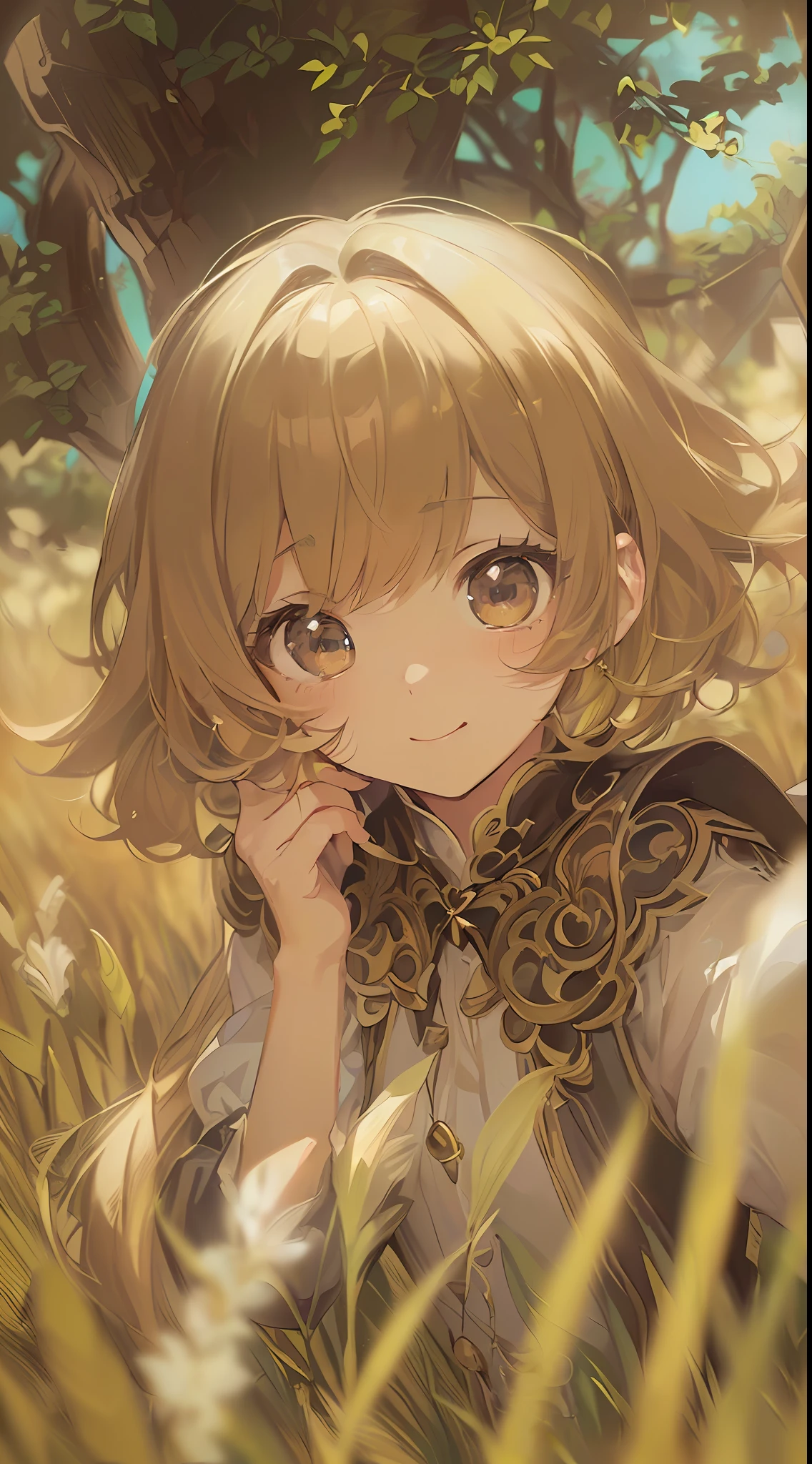 「(8k wallpaper:1.5)、(high-level image quality:1.3)、(animesque, illustratio:1.5)、(girl with、kawaii:1.8)、(beatiful detailed eyes:1.3)、(A slight smil:1.1)、(angelicales:1.5)、(grass field:1.3)、(sepia, gradients:1.5)」