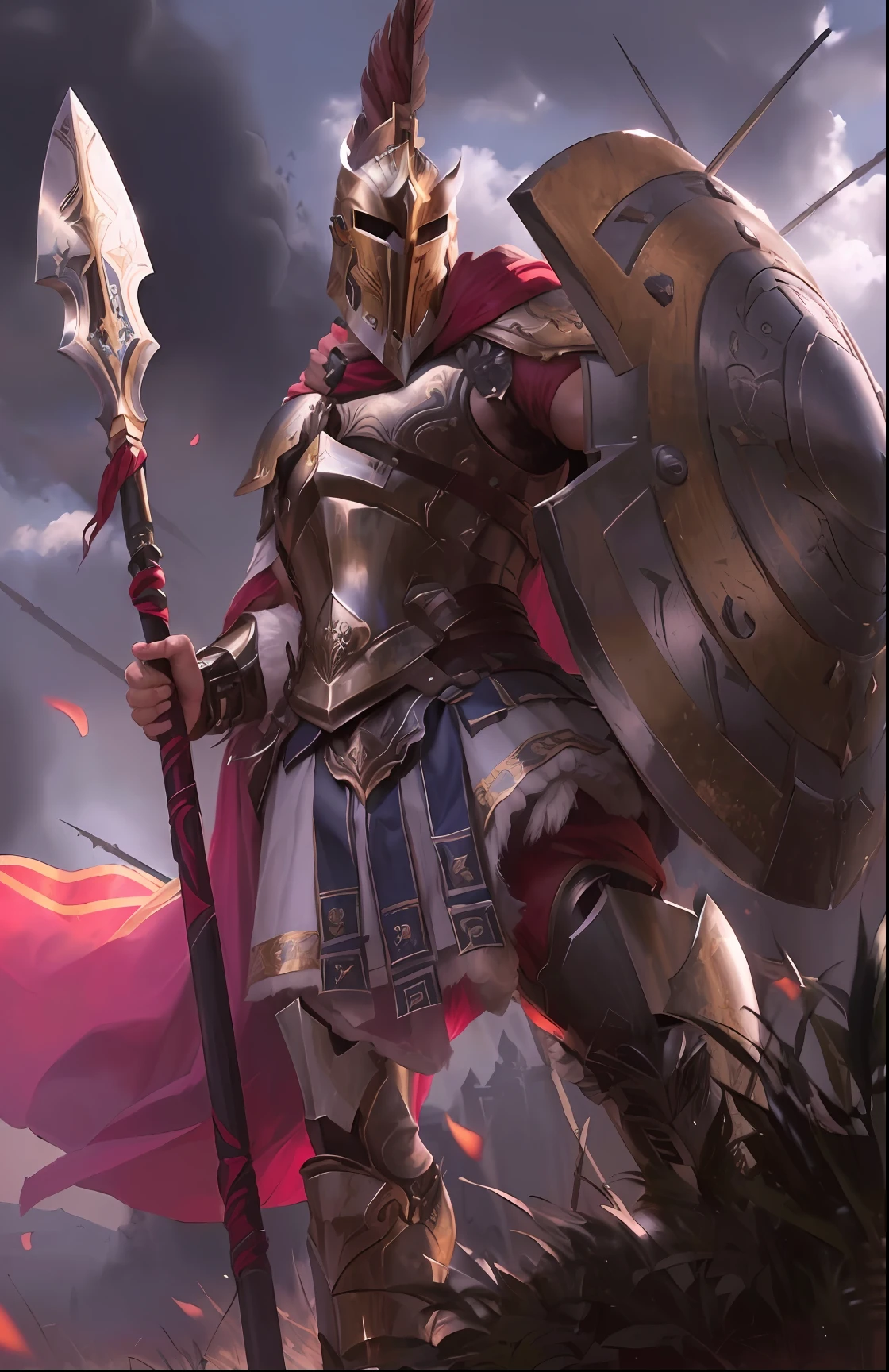 A closeup of a man in armor holding a spear and shield, Ares com armadura pesada e espada, Retrato do deus grego Ares, guerreiro masculino, Arte conceitual de um guerreiro, vestido com armadura espartana, Mito grego pintura digital, legendary god holding spear, guerreiro espartano, Ares, Pintura de Golias, guerreiro poderoso, Directed by: Roman Bezpalkiv