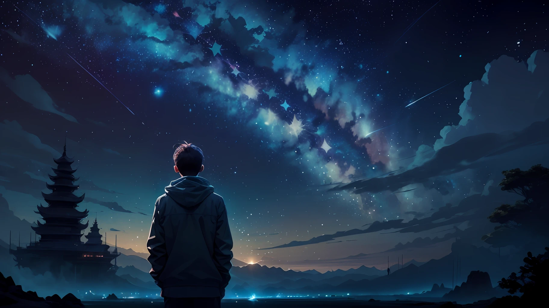 A boy looks up at the stars,There are countless stars shining in the starry sky,One of the brightest stars。 --auto