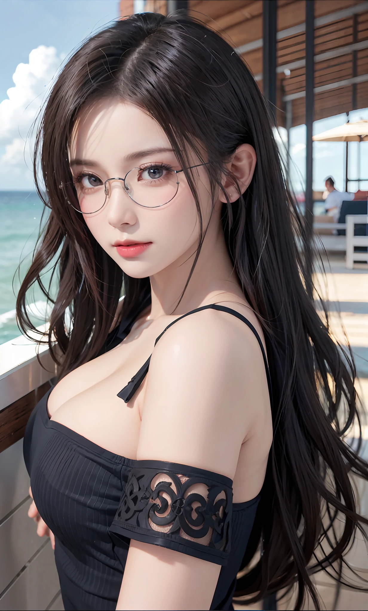 (RAW photos:1.2),high high quality,Beautiful Meticulous Girl,nurses,Highly detailed eyes and face,beatiful detailed eyes,hugefilesize,A high resolution,8k wallpaper,finely detailled,Highly detailed stock code uniform 8k wallpaper,light in face,full bodyesbian,Have by the sea,电影灯光, girl,A sexy pose,(photo-realism:1.4),illustratio,ultra-realistic realism,super detailing, tmasterpiece, Have by the sea,shift dresses,wears glasses,Bigchest,low chest