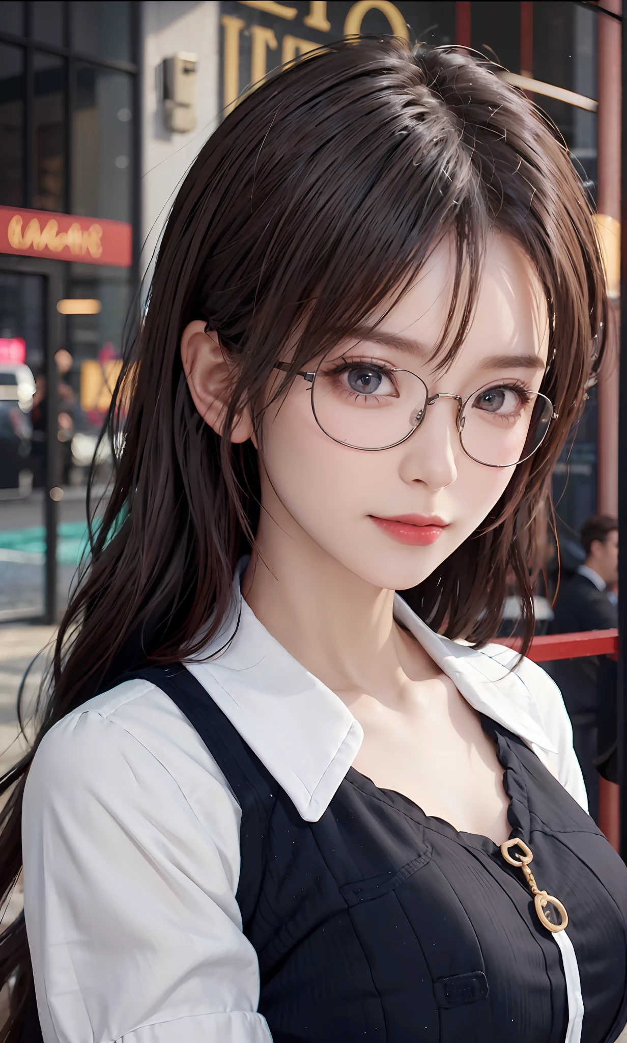 （RAW photos：1.2），high high quality，Beautiful Meticulous Girl，nurses，Highly detailed eyes and face，beatiful detailed eyes，hugefilesize，A high resolution，8k wallpaper，finely detailled，Highly detailed stock code uniform 8k wallpaper，light in face，full bodyesbian，Have by the sea，电影灯光，16 year old girl，A sexy pose，（photo-realism：1.4），illustratio，ultra-realistic realism，super detailing， tmasterpiece， Have by the sea，shift dresses，wears glasses，Bigchest，low chest