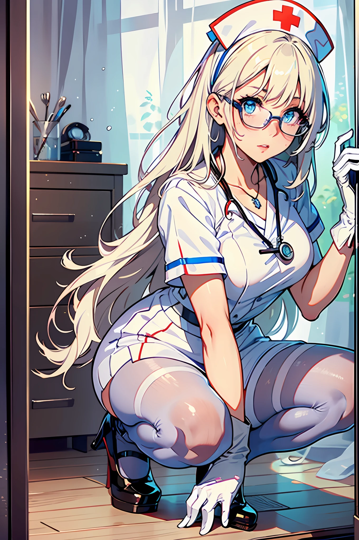 1girl in, (Solo:1.2), (beautifully detailed eyes), (beautiful and detailed face), Perfect female body, (neat figure), Slender waist,  (20yr old), Long hair, Platinum Blonde Hair, Two-side-up,Very big eyes, Blue eyes, Small glasses, Smaller chest, blush, Shy, watery lips, Nurse, (Nurse Uniform), Nurse Cap, tight skirts,  (White Gloves:1.2), (White pantyhose), high-heels, a necklace, Hospital bed, White curtains, Sunlight, Squatting, Have medical records and thermometers, (Best Quality), (ultra-detailliert), (masuter piece), (hight resolution), (Original), (the Extremely Detailed CG Unity 8K Wallpapers), Character Design, Game CG, Detailed Manga Illustration