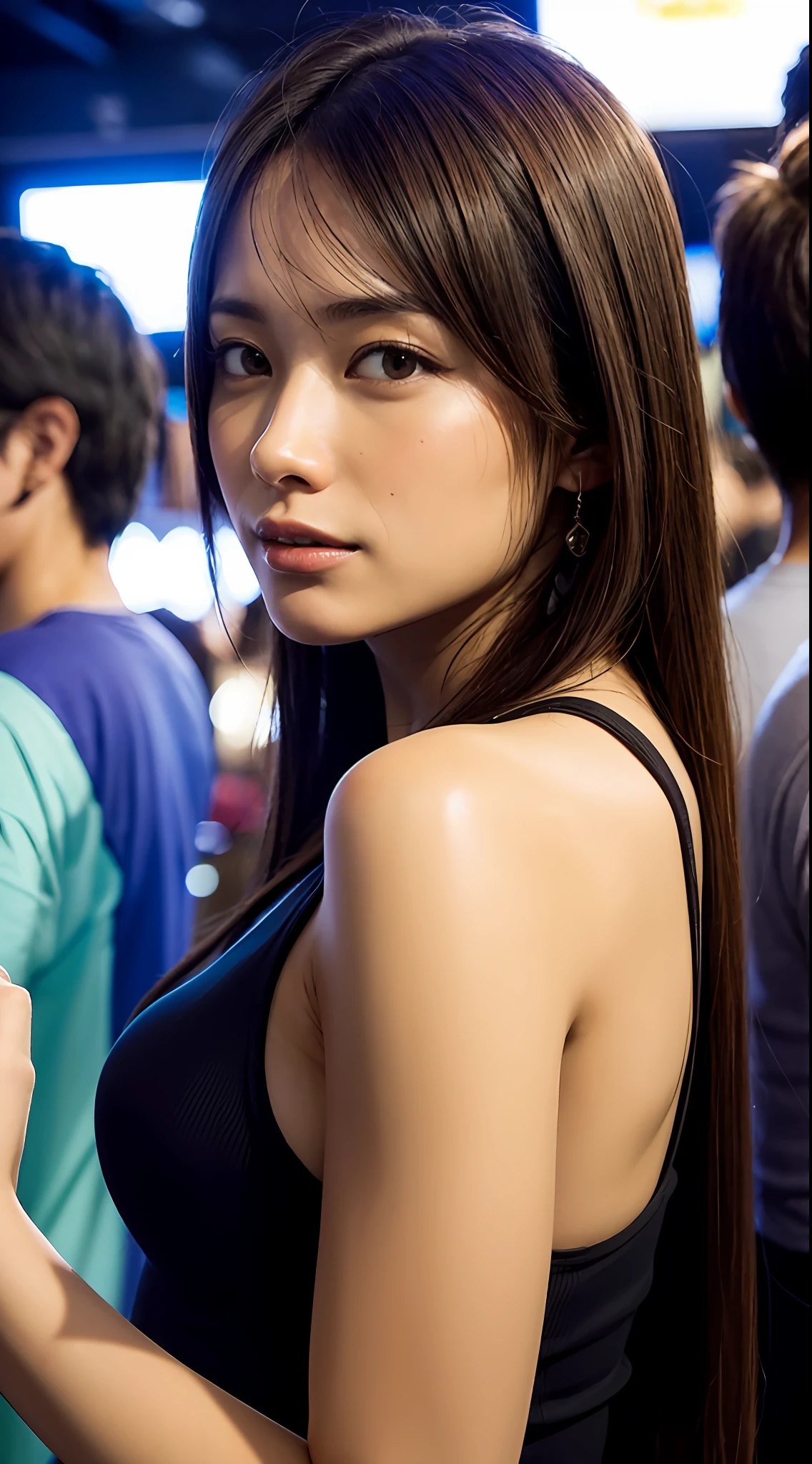 doress、(Photorealsitic:1.4)、(hyper realisitic:1.4)、(realisitic:1.3)、(Smooth lighting:1.05)、(Improved lighting quality in movies:0.9)、32K、1girl in、20 years girl、Realistic lighting、Back lighting、Facial light、raytrace、(brightened light:1.2)、(enhanced quality:1.4)、(Top quality real texture skins:1.4)、finely eye、finerly detailed face、Fine quality eye、(Tired, sleepy and satisfied:0.0)、 close up of face、tshirts、(enhance body line mood:1.1)、(Increase the beauty of skin texture:1.1)、((fukada kyoko))、TOKYOcty、Roppongi、nightclubs、dance、