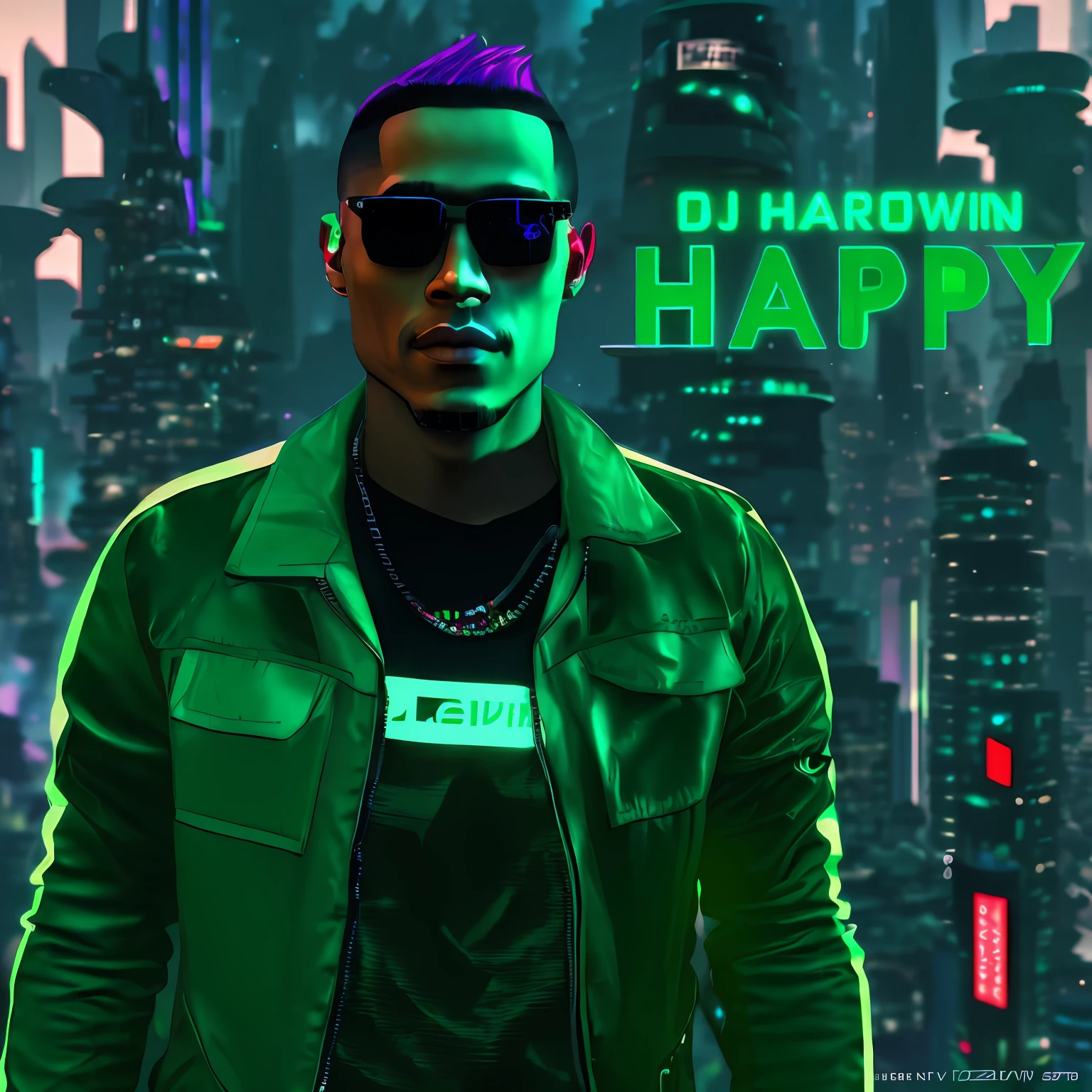 a man in a green jacket and glasses stands in front of a futuristic city, vr game, cyberpunk vibe, cyberpunk vibes, deeper into the metaverse we go, has cyberpunk style, cyberpunk theme, in cyber punk 2077, cyberpunk futuristic, cyberpunk future, synthwave, wearing cyberpunk streetwear, futuristic cyberpunk, cyberpunk tech, retro cyberpunk, synthwave style
