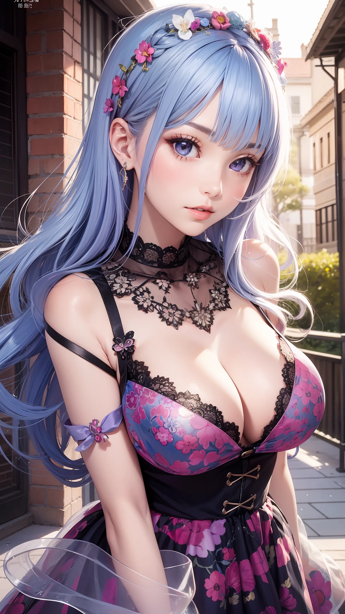 realisticlying, hyper-detailing, Girls Only, (Layered Bob:1.3), 动态照明, ((sexyposture)), (Glow skin: 1.5), tmasterpiece, top-quality, absurderes, watch audience, Blue and pink hair,Long hair and waist, Deep purple Clear eyes,((big breasts beautiful,A detailed eye,gem-like eyes,colorful eyes,sparkle eyes:1.3)), slenderness, A high resolution, tack sharp focus, depth of fields, detailedeyes, sharp sharp eyes, (photorealistic eye)), Outdoor riverside, sunrise sky, (Attractive delicate design lace dress,(Intricate patterned tops and skirts):1.3))