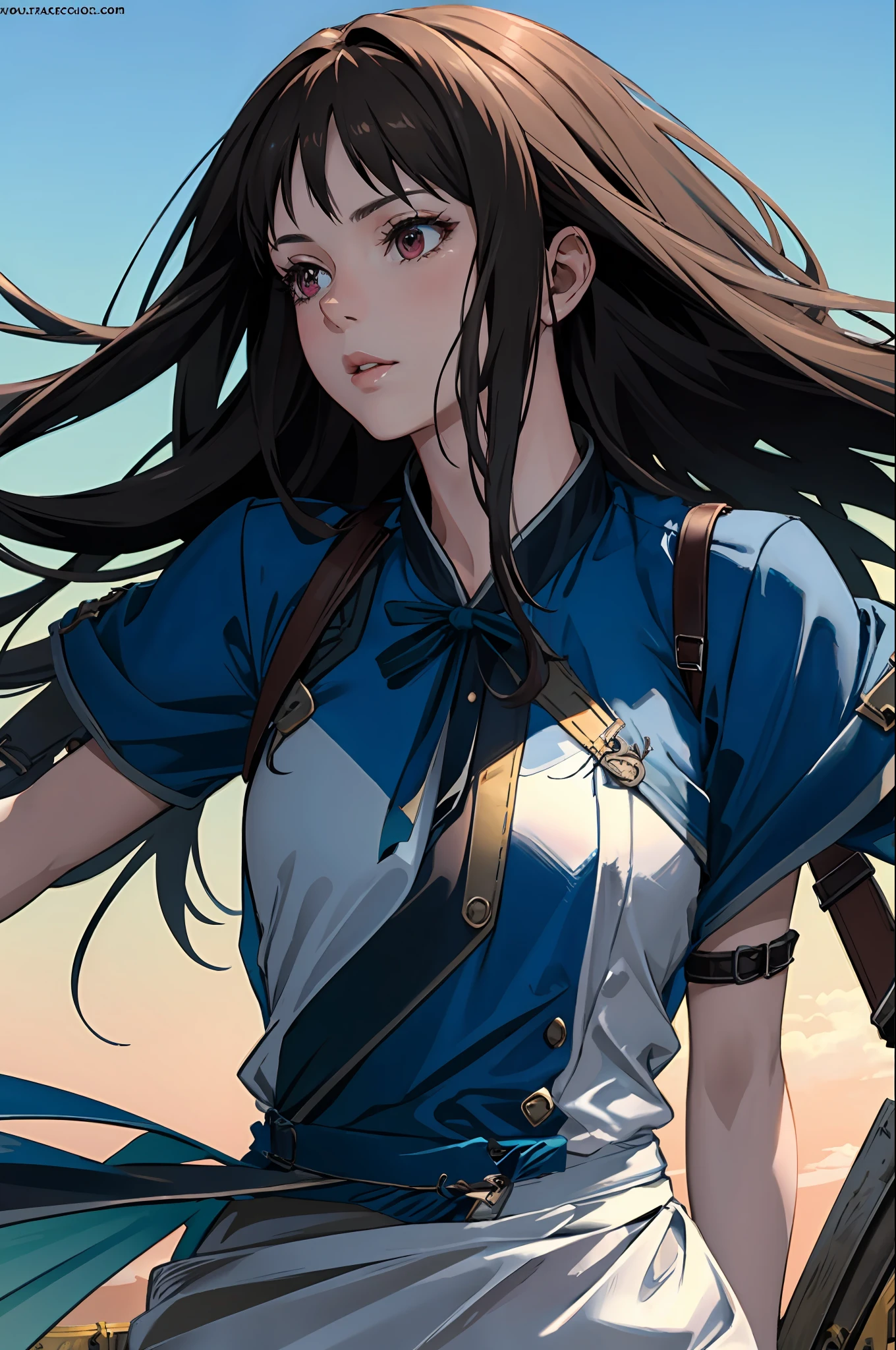 Rinoa, Blue Duster, Blue wristband, Half body, Windy, Wind, unparalleled masterpiece ever, Ultra realistic 8K CG, Perfect Artwork, enchanting posture, Sexy Pose, enticing, clean, Beautiful face, Pure face, pale skin, intricate detailes, Prestige, Gorgeous, Luxury, Fancy Ballroom