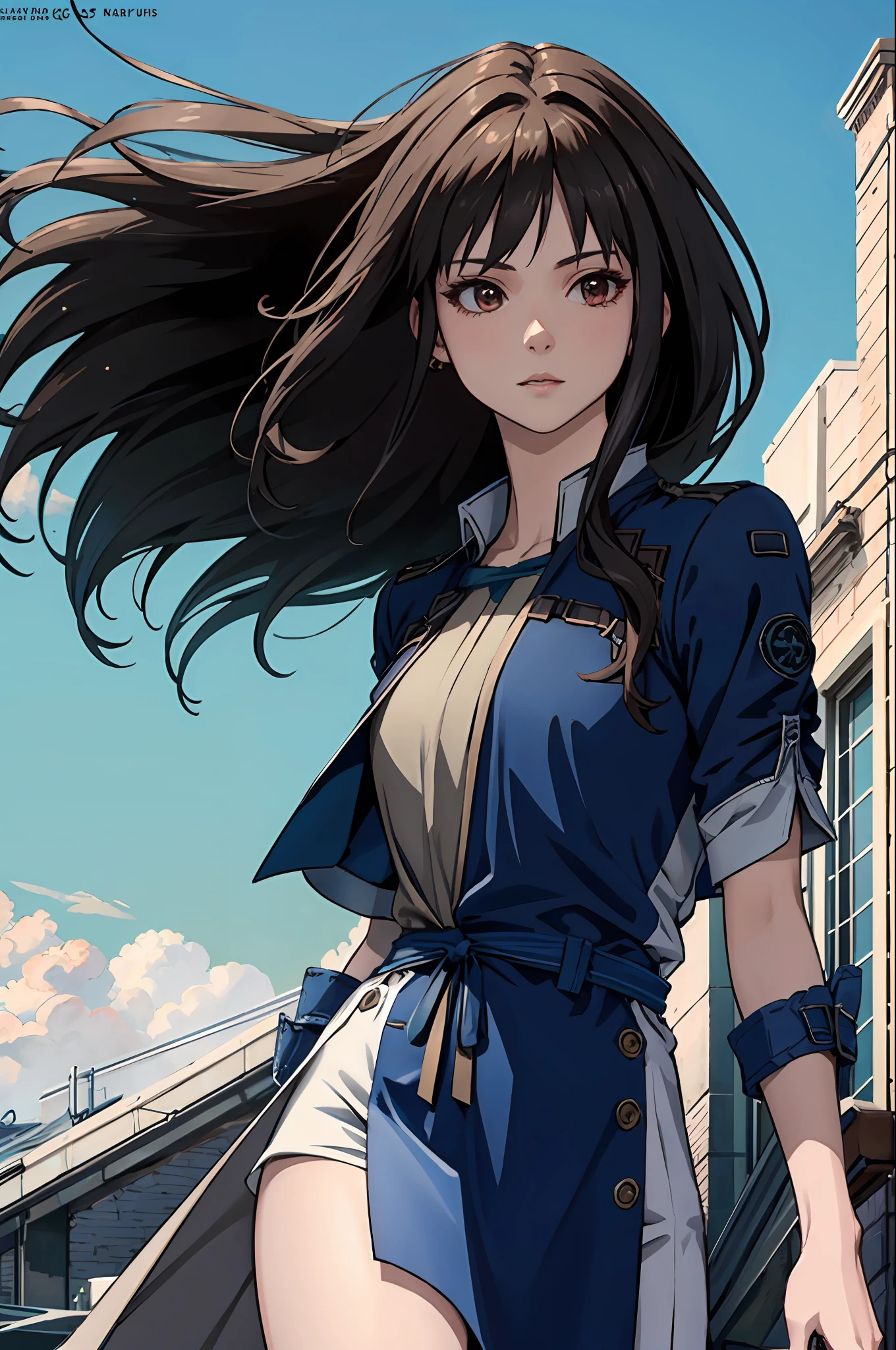 Rinoa, Blue Duster, Blue wristband, Half body, Windy, Wind, unparalleled masterpiece ever, Ultra realistic 8K CG, Perfect Artwork, enchanting posture, Sexy Pose, enticing, clean, Beautiful face, Pure face, pale skin, intricate detailes, Prestige, Gorgeous, Luxury, Fancy Ballroom