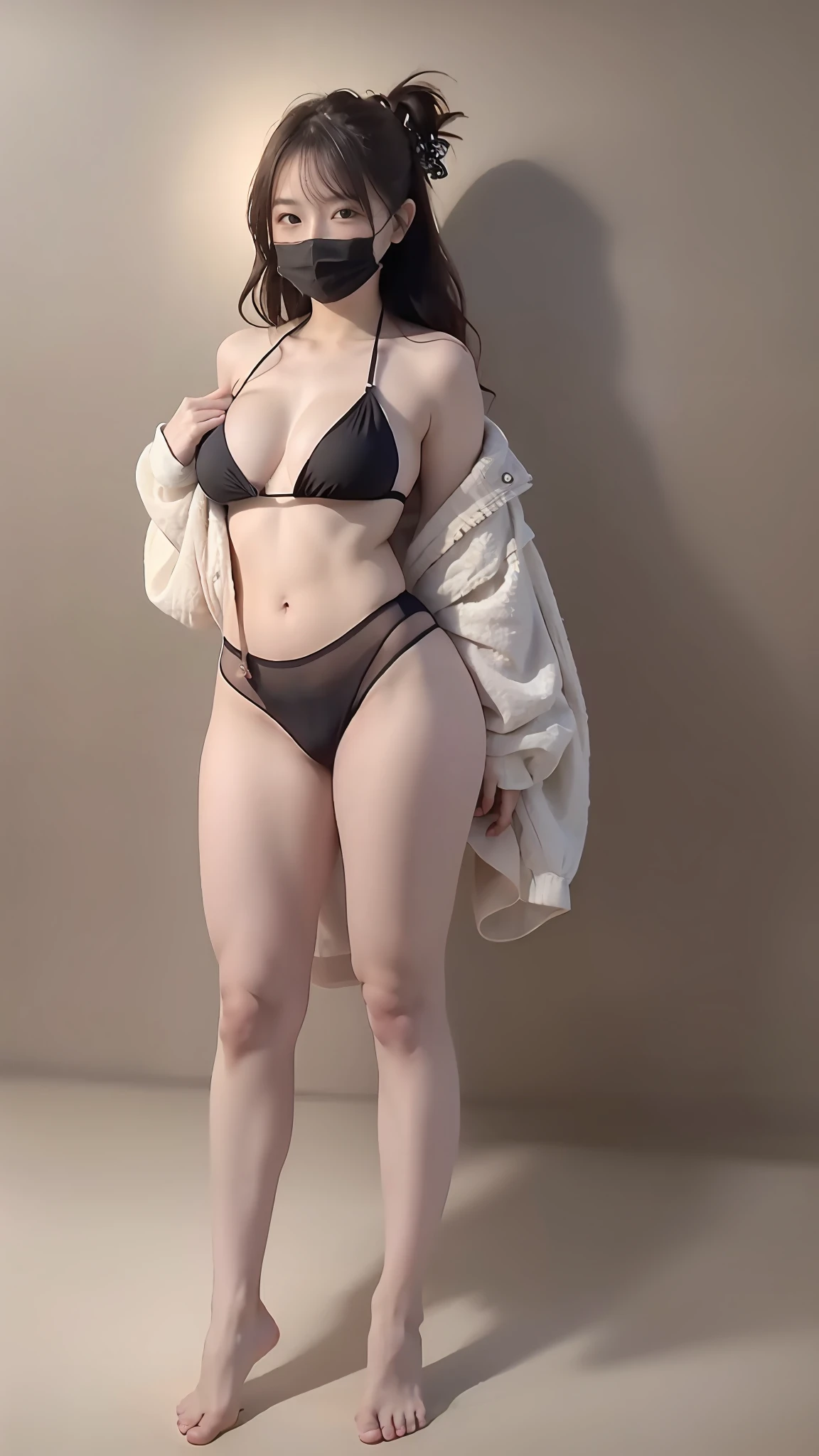 On the beach，Sunshine，（Sexy tulle：1.5），no bra,no clothes,no panties,seaview，sand beach，Long legs,ssmile，Double ponytail，Detailed eyes，depth of fields，Wide，fully body photo，Slender body,Long legs,Big ass,Sexy pose,（8K， RAW photos， best qualtiy， tmasterpiece：1.2），Bare legged，No shoes，No bra,No panties,No underwear， YJNN， 1girll， 3D， Asians， Long hair,， Bare_bshoulders，huge tit， No bra， boobgasm， (black facemask:1.5)， (Long black hair)，Slender legs,Long legs， Grey_Background， cparted lips， Looking_at_peeping at the viewer， Huge_Breasts， nabel， nase，Bumpy figure，Long legs， Realistis， 独奏， stomach， full_Body， No underwear，shiny skins，Beautiful and delicate face，美丽detailed eyes，（realisticlying，photograph realistic：1），