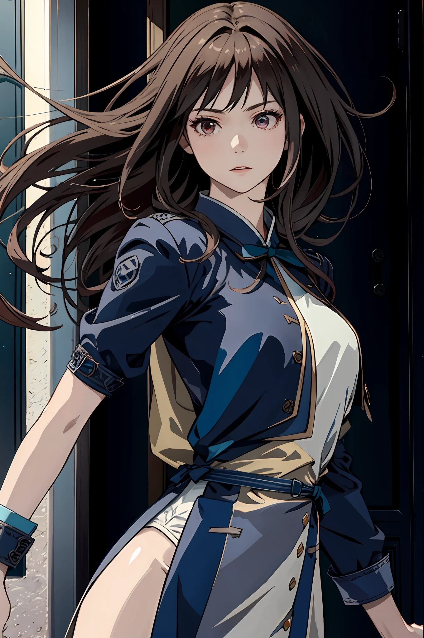 Rinoa, Blue Duster, Blue wristband, Half body, Windy, Wind, unparalleled masterpiece ever, Ultra realistic 8K CG, Perfect Artwork, enchanting posture, Sexy Pose, enticing, clean, Beautiful face, Pure face, pale skin, intricate detailes, Prestige, Gorgeous, Luxury, Fancy Ballroom