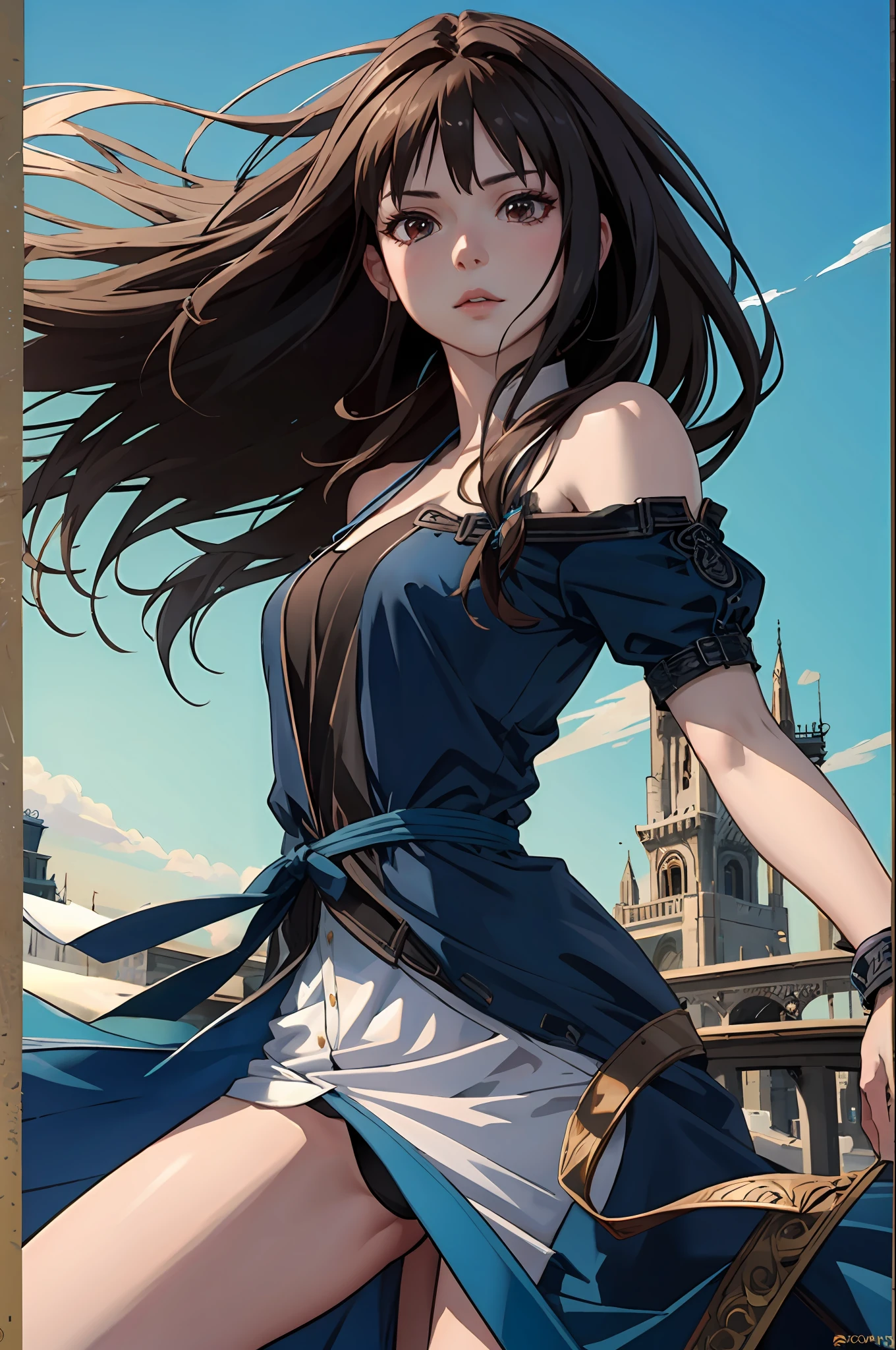Rinoa, Blue Duster, Blue wristband, Half body, Windy, Wind, unparalleled masterpiece ever, Ultra realistic 8K CG, Perfect Artwork, enchanting posture, Sexy Pose, enticing, clean, Beautiful face, Pure face, pale skin, intricate detailes, Prestige, Gorgeous, Luxury, Fancy Ballroom