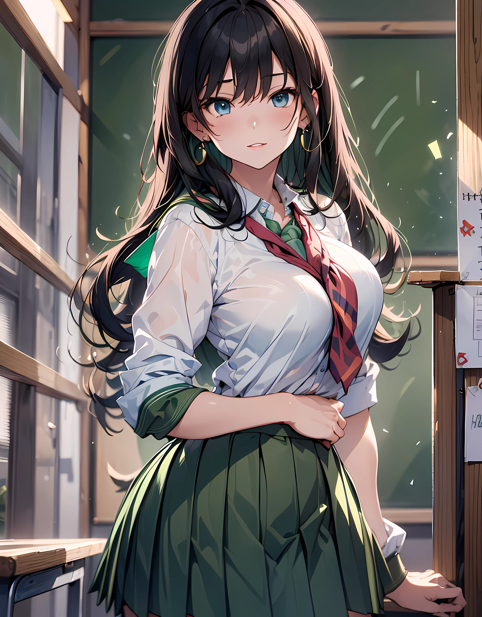 (masterpiece, best quality:1.37), highres, ultra-detailed, ultra-sharp, BREAK, Japanese school girl model, 1girl, (beautiful anime face, cute face, detailed face), (black hair, short hair, bangs), blue eyes, jewelry, earrings, piercing, BREAK, ((detailed school girl uniform:1.5), (detailed collard sailor shirt:1.3), (yellow tie:1.3), (dark-green pleats skirt:1.3), lovely look, detailed clothes), light smile, closed mouth, parted lips, pink lipstick, BREAK, standing, arms behind on hip, leaning forward, cowboy shot, detailed human hands, HDTV:1.2, ((detailed school room background:1.3)), 8 life size, slender, anime style, anime style school girl, perfect anatomy, perfect proportion, inspiration from Kyoto animation and A-1 picture, late evening, excellent lighting, bright colors, clean lines, photorealistic