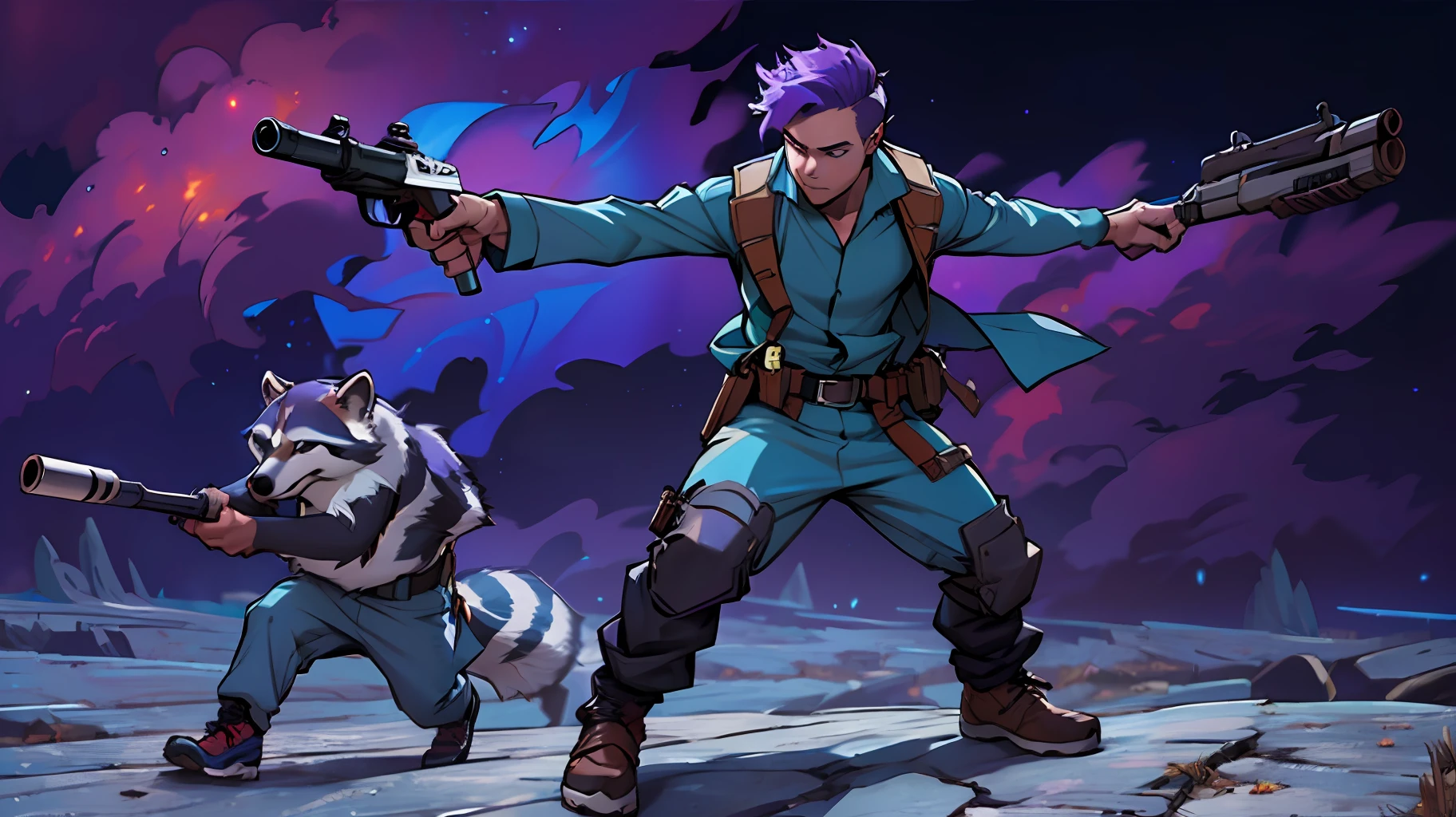 High-definition CG illustrations、top-quality、Purple-haired boy and raccoon holding a gun、cosmic background