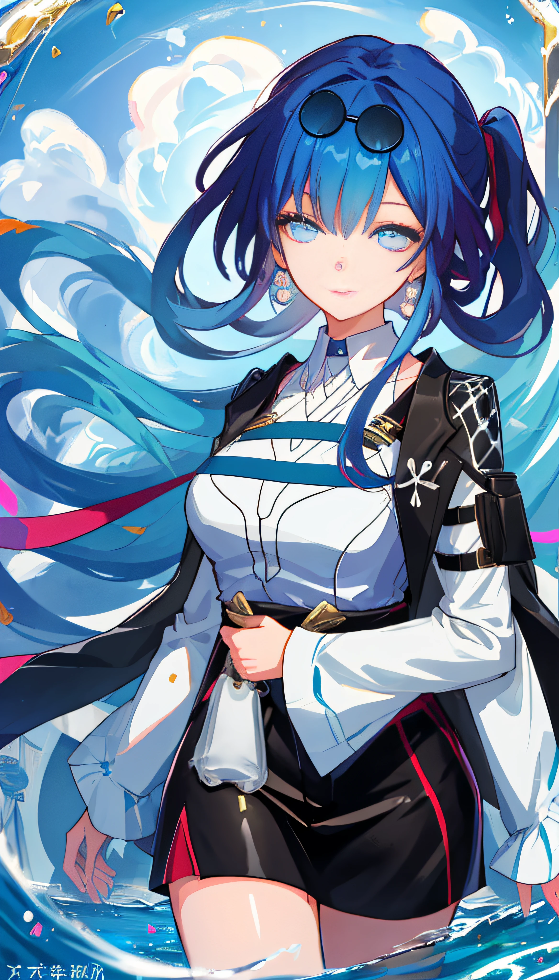 (masterpiece), (best quality), (ultra detailed),(disheed hair),(illustration), (1girl), (Fashionable clothing), standing, Fashion model, looking at viewer, (interview), (simple background),美丽细致的眼睛,Delicate beauty,afloat,(high saturated),(Colorful splashes),Colorful bubbles,(shine),Focus on the face,pony tails,Ayaka Kamisato,lightblue hair,By bangs,Hair rings,Floating flowers,floated hair,(shiny),best illuminate,best shadow,full bodyesbian,short skirt
