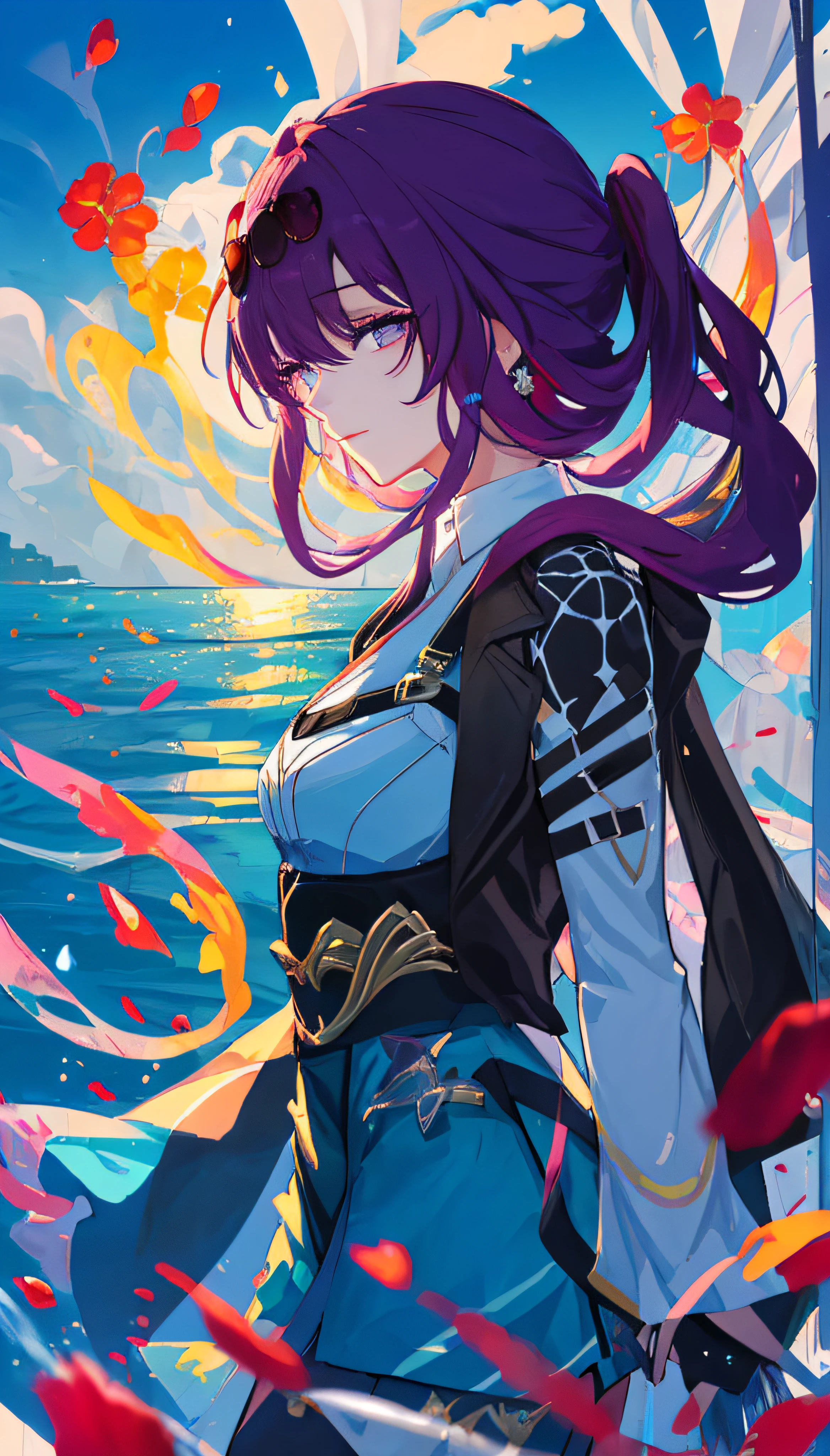 (masterpiece), (best quality), (ultra detailed),(disheed hair),(illustration), (1girl), (Fashionable clothing), standing, Fashion model, looking at viewer, (interview), (simple background),美丽细致的眼睛，Delicate beauty，afloat，（high saturated），（Colorful splashes），Colorful bubbles，（shine），Focus on the face，pony tails，Ayaka Kamisato，lightblue hair，By bangs，Hair rings，Floating flowers，floated hair，（shiny），best illuminate，best shadow，full bodyesbian，short  skirt