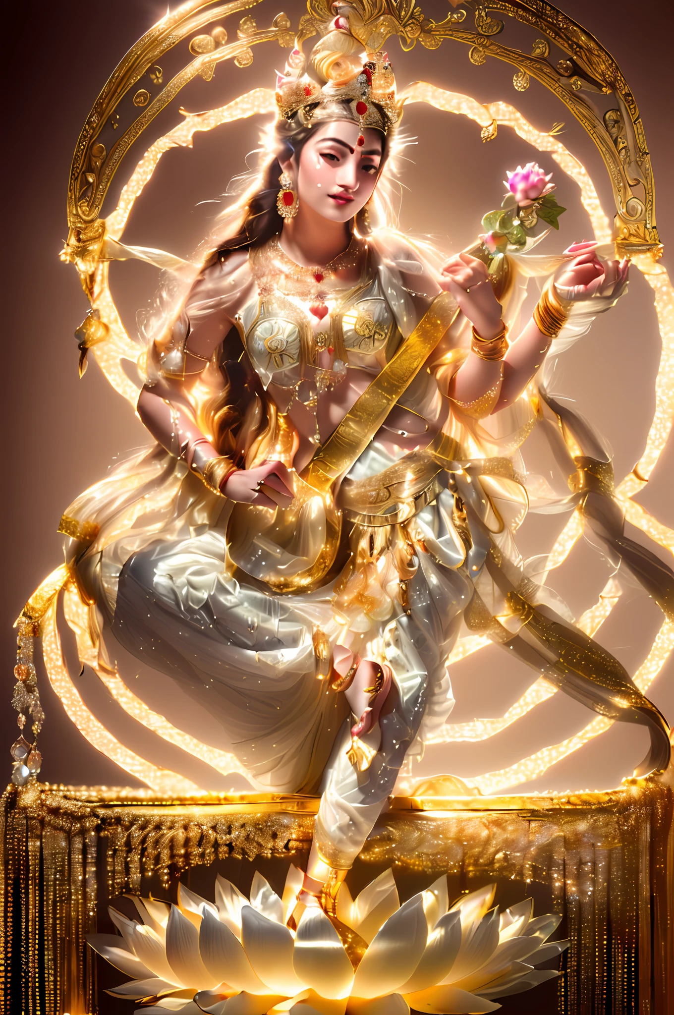 Beauty playing sita on a lotus, Beautiful figure，White skin of the，Medium-sized chest，Delicate，Perfect body structure，exquisite detailing，dryad（RAW：1.2），（realisticlying：1.4），（Sharpness：1.2），（A woman who is），16 yaers old，(((body high：1.5))),（（（Gemstones refract dazzling light））），（（middlebreast：1）），（Abs：0.7），（glute：1.2），(healthy-looking skin， Thin skin， seductiveexpression， 二重まぶた，Jelly textured lips， Glowing lips，Small upturned lips，There is an eye in the middle of the forehead，（No clothes），The skin shines through，(((Flawless skin texture)))，Real pores，ctextured skin，choker necklace，Yingluo，（Wear gemstones，pearls，hisui，amber，），（（Gorgeous and exquisite crown，gemstone setting）），（Dynamic hair，Hair hanging down the shoulders，Beaded hairpins，Nobile，wet skin texture），Glossy glossy skin，Glowing skin，Radiant hair，eyes looking at the lens，The head is illuminated with an aperture，The body shines，
 High quality detailing， Cinematic lighting，（（Contre-Jour））,absurderes, unbelievable Ridiculous, hugefilesize, ultra - detailed, A high resolution, The is very detailed，best qualtiy，tmasterpiece，illustratio，The is very detailed，CG，unified，8k 壁纸，Amazing Cleavage，finely detailled，tmasterpiece，(((dynamicposes)))，(((A fighting stance))), ((Correct anatomy)),(((Correct dissection))，Exquisitely，goddes, goddess of love and peace, indian goddess, a stunning portrait of a goddess,