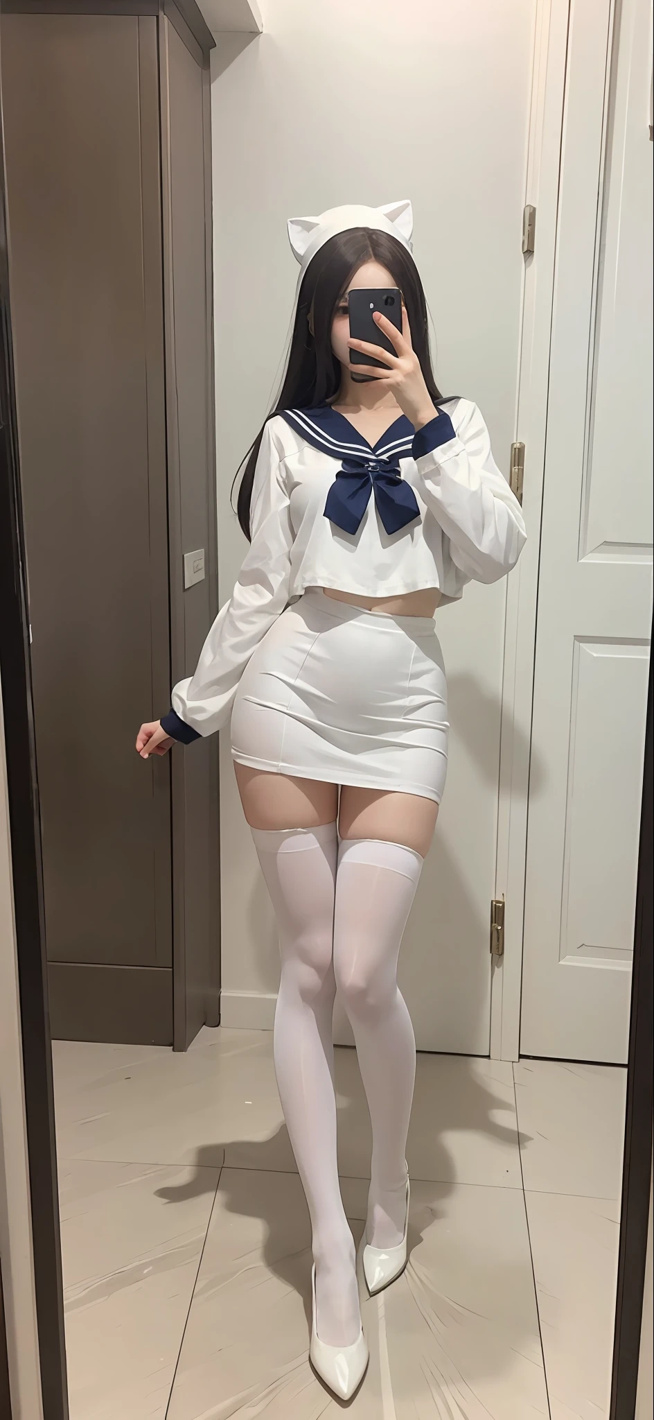 There was a woman in a sailor's suit taking a picture of herself, Anime girl cosplay, anime barbie in white stockings, very beautiful cute catgirl, Full length and white stockings, smooth white tight clothes suit, trending at cgstation, thighhighs and skirt, Anime girl in real life, white silky outfit, Anime cosplay, cosplay, wearing white clothes, white puffy outfit