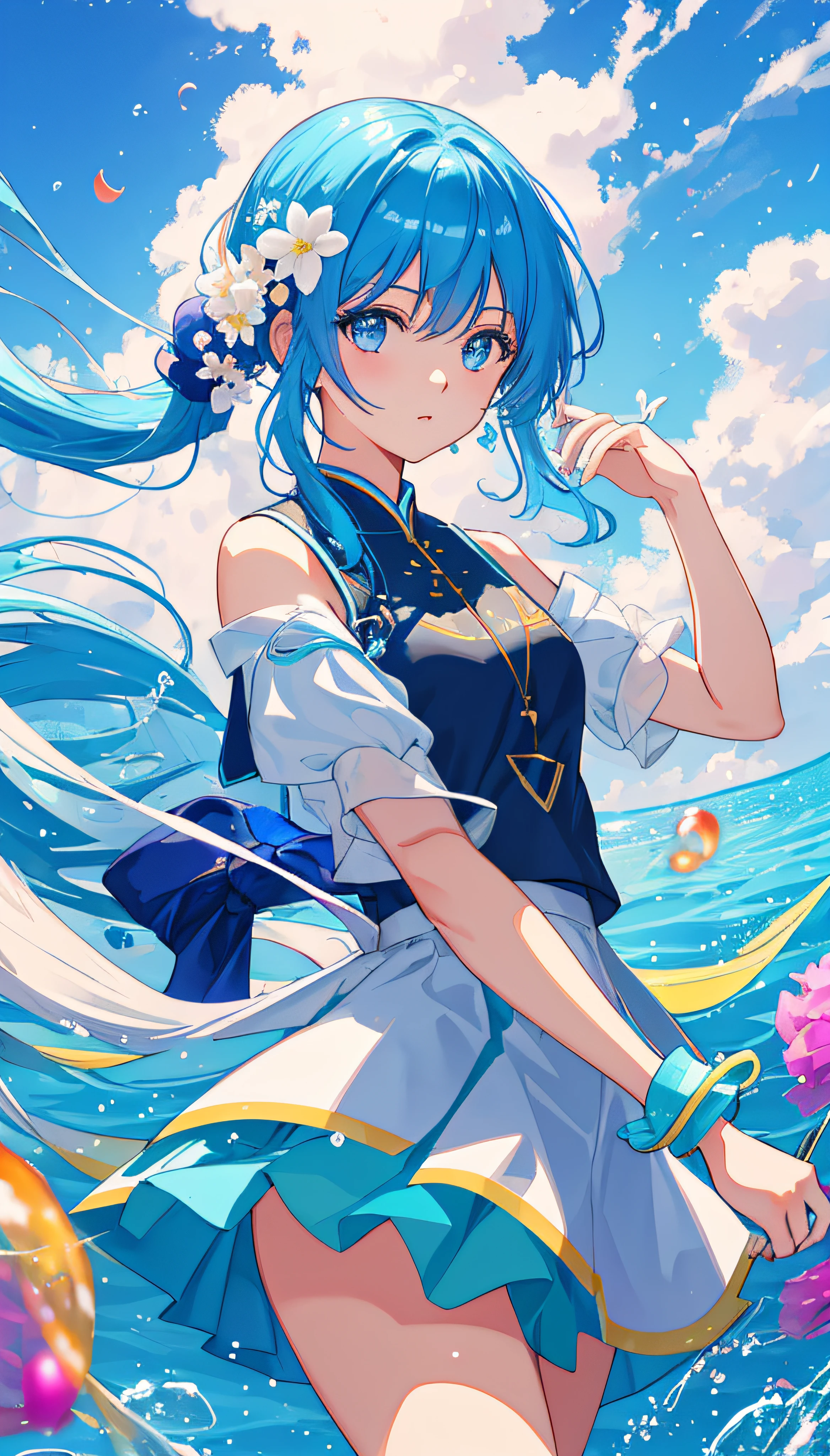 (Masterpiece), (Best quality), (Ultra detailed),(disheed hair),(illustration), (1girll), (Fashionable clothing), standing, Fashion model, view the viewer, (interview), (Simple background),美丽细致的眼睛,Delicate beauty,afloat,(high saturated),(Colorful splashes),Colorful bubbles,(Shine),Focus on the face,pony tails,Ayaka Kamisato,lightblue hair,By bangs,Hair rings,Floating flowers,floated hair,(Shiny),best illuminate,Best shadow,full bodyesbian,short skirt