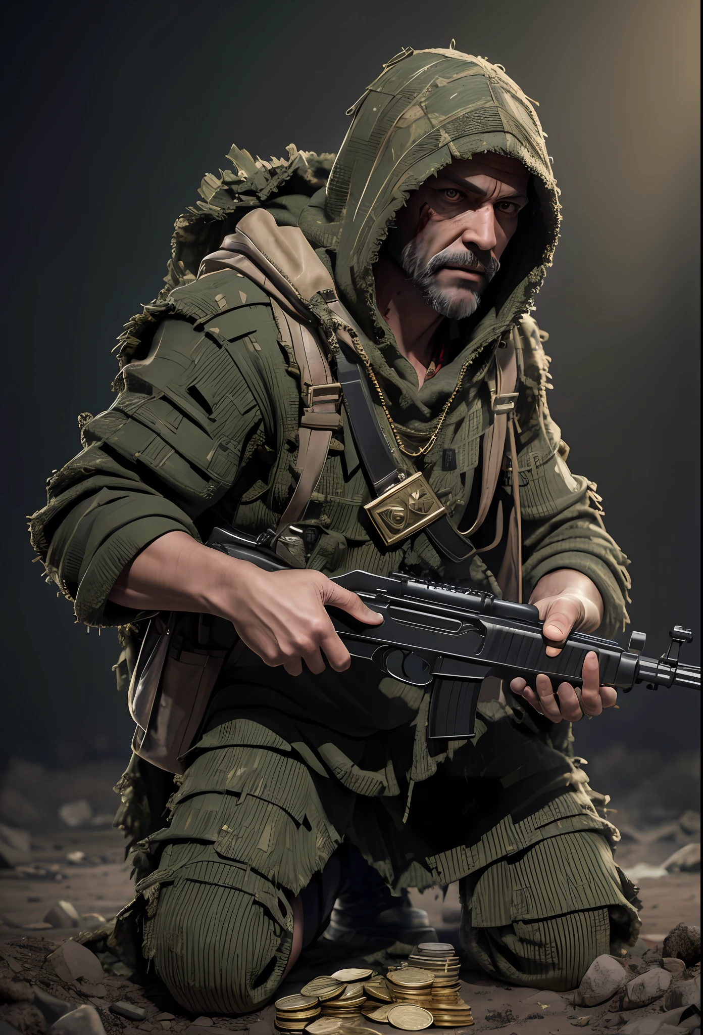 A greedy military warrior in a ghillie suit, facing a treasure chest, has the sin of greed, kneeling, holding jewellery and gold coins in his hands, wearing a big dark hooded Cape that's torn and bloody from war with a rifle on his back, filled with blood and dirt, Bloody (8k, RAW photo, best quality, masterpiece:1.2), ultra detailed, official art, photo-realistic:1.37, film grain, octane render, high quality render