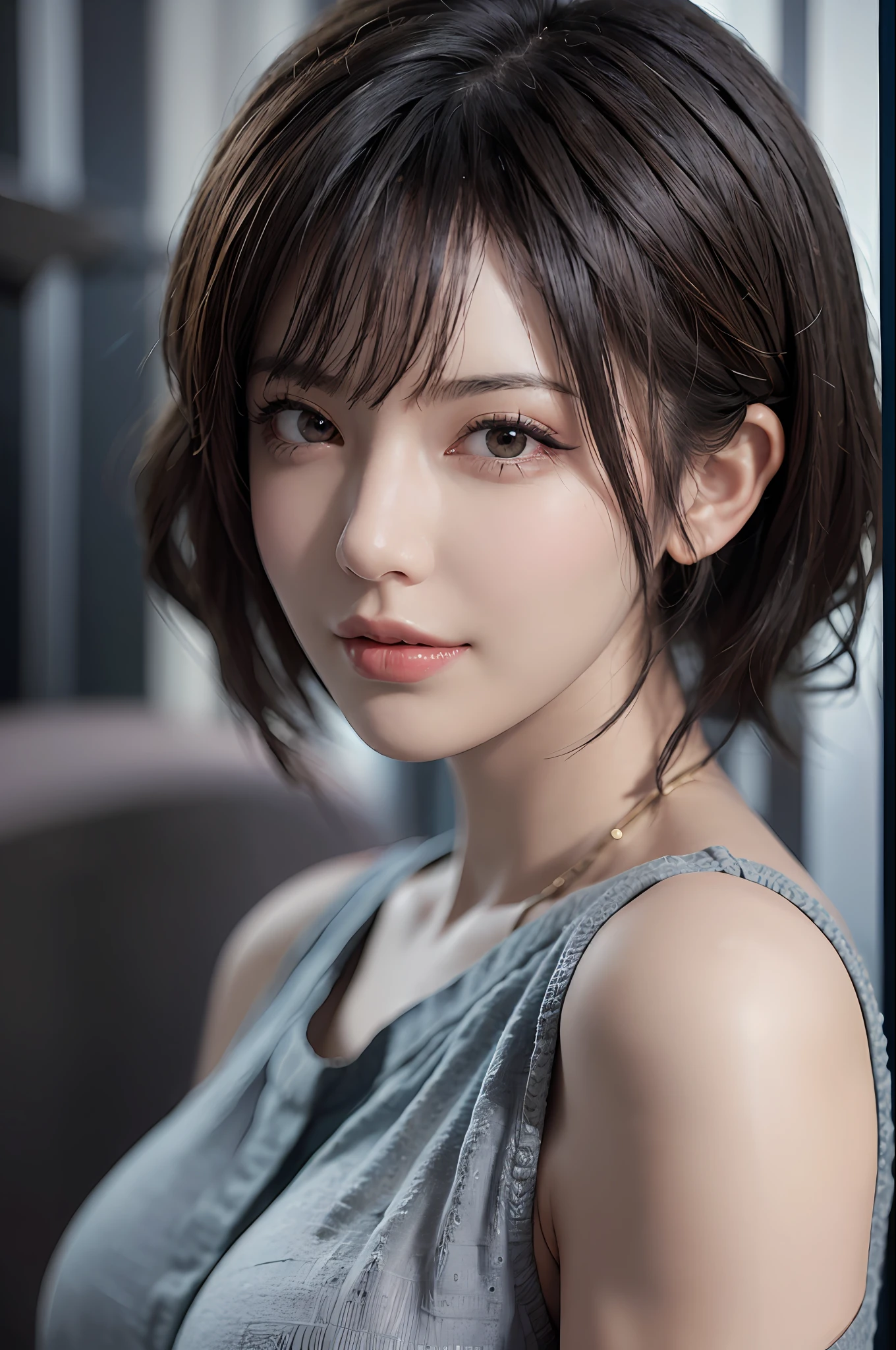 (masterpiece:1.3), (8k, photorealistic, RAW photo, best quality: 1.4), (1girl), beautiful face, (realistic face), (black hair, short hair:1.3), beautiful hairstyle, realistic eyes, beautiful detailed eyes, (realistic skin), beautiful skin, (sweater), absurdres, attractive, ultra high res, ultra realistic, highly detailed, golden ratio