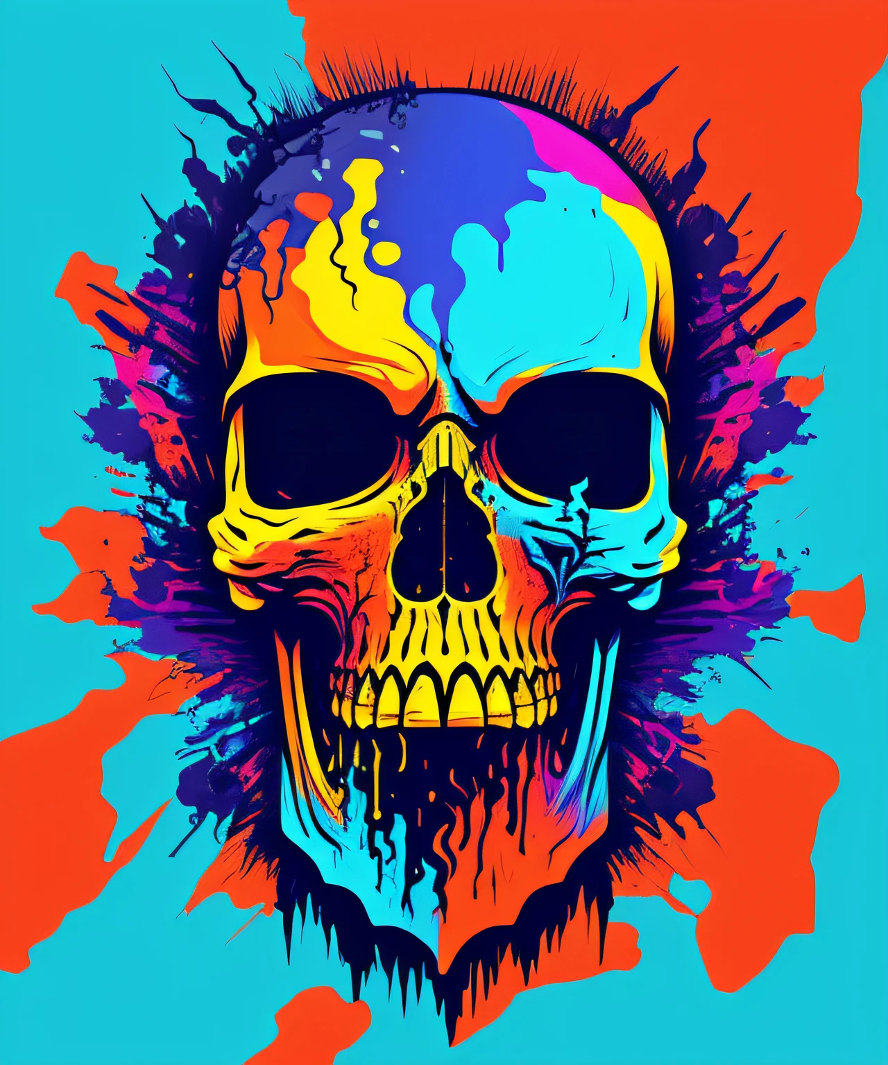 (Portrait of a cyberpunk skull with colorful fluid l:1) ,  t-shirt logo in the style of tapered fine outline,  orthographic view, art on (Empty background:1.4)Hands,