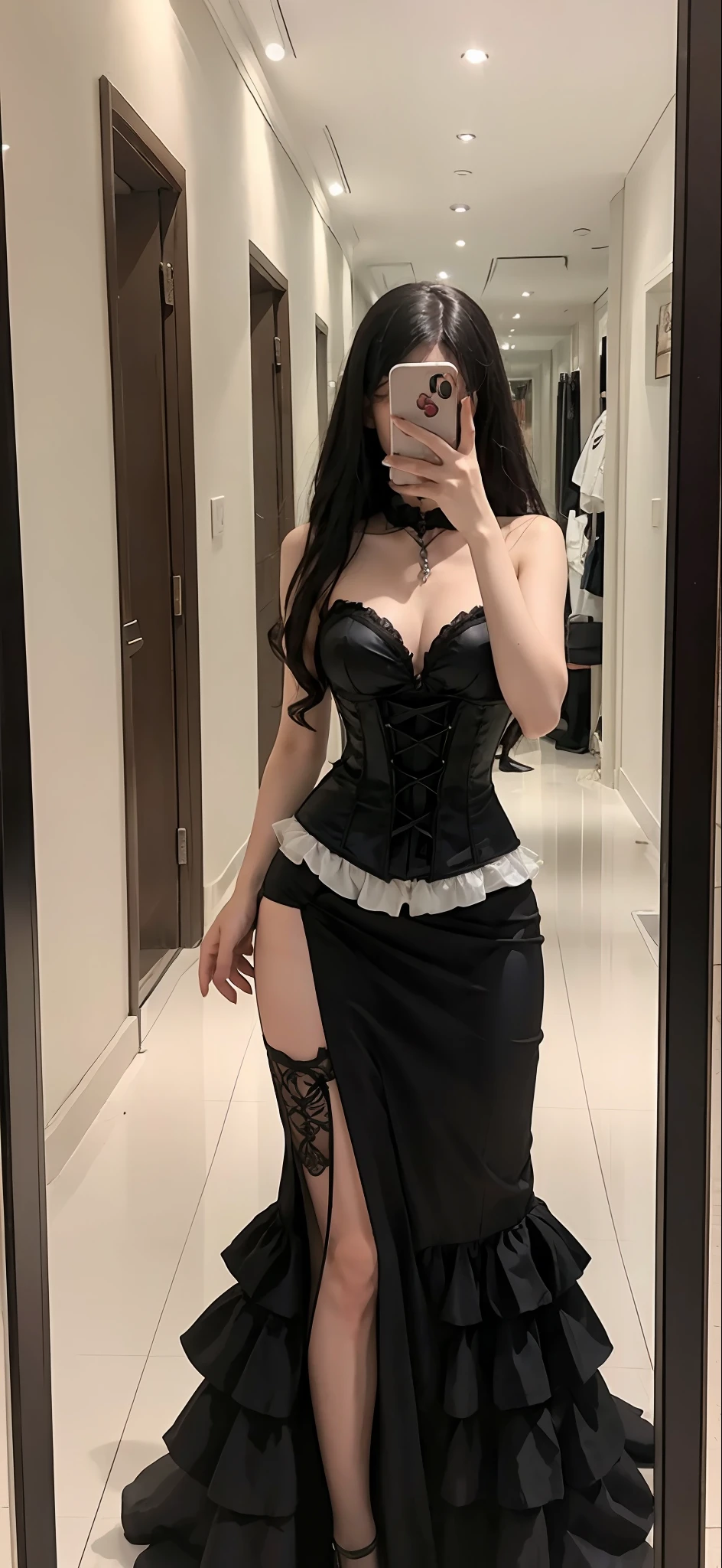 There was a woman taking a picture of herself,A woman in a black dress and corset, wearing a gothic dress, amouranth, mais conhecido como Amouranth, gothic clothing, wearing modern gothic clothes, young beautiful amouranth, frilly outfit, amouranth as a super villain, pale goth beauty, wearing a corset, succubus in tight kilt, fantasyoutfit