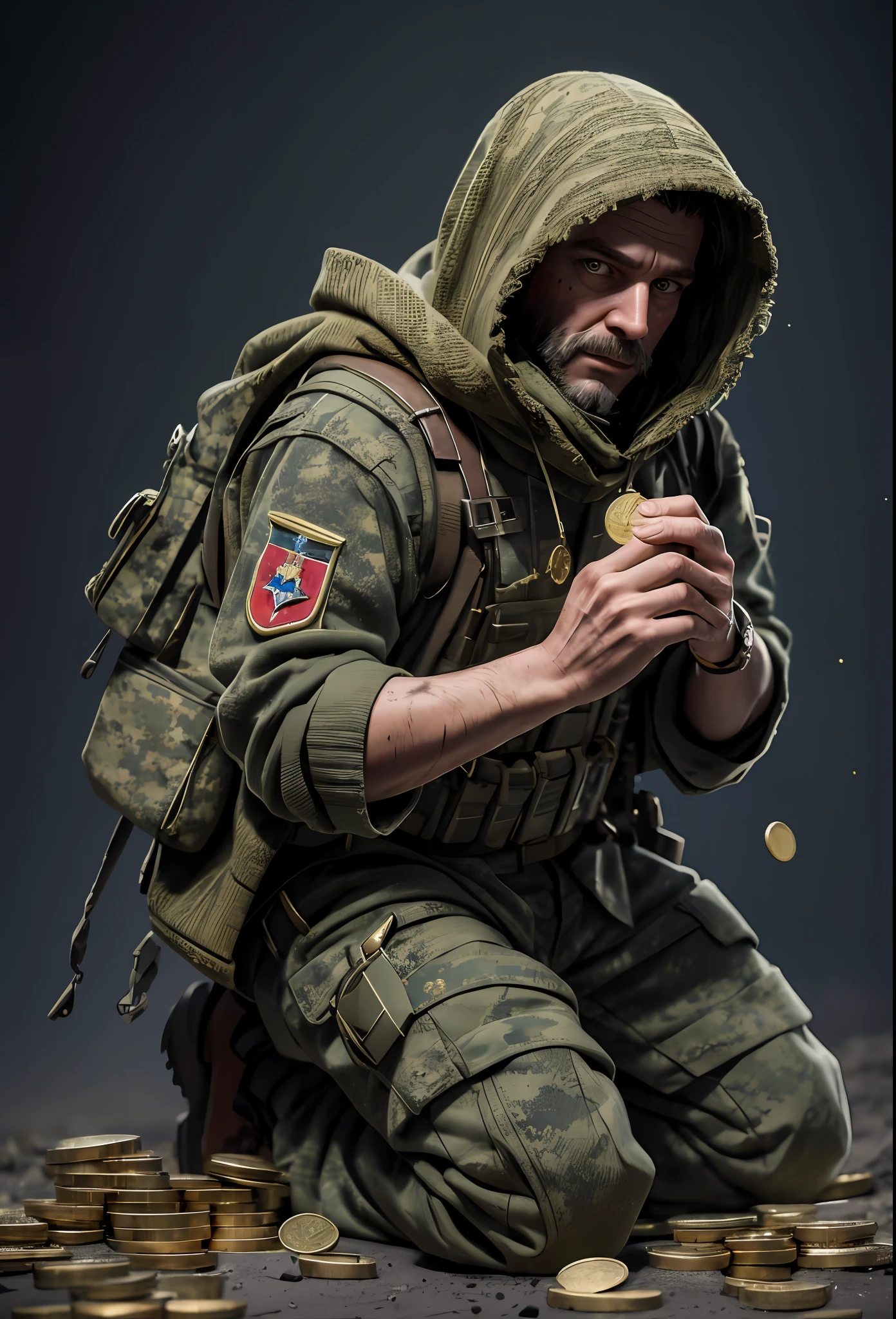 A greedy military soldier in a ghillie suit, facing a treasure chest, has the sin of greed, kneeling, holding jewellery and gold coins in his hands, wearing a big dark hooded that's torn and bloody from war filled with blood and dirt, Bloody (8k, RAW photo, best quality, masterpiece:1.2), ultra detailed, official art, photo-realistic:1.37, film grain, octane render, high quality render