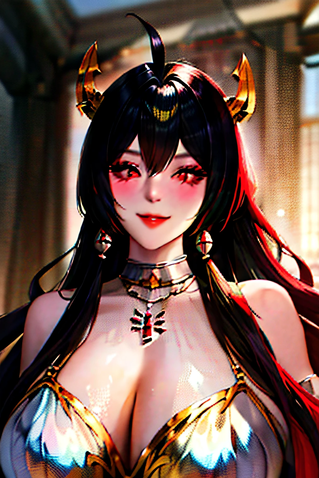 1girll, ahoge, bangs, Bare shoulders, Black hair, Blush, Breasts, cleavage, Big breasts, Slim, Bigboobs, huge boob, (((Ridiculously large breasts))), (absurd res:1.5), ((gigantomastia)), ((macromastia)), (((gigantic cleavage breasts))), (((((gigantic cleavage breasts)))))鎖骨, crossed bangs, dress, Earrings, hair between eye, hair adornments, Huge breasts, jewelry, Long hair, view the viewer, necklace, Official alternative costumes, one side up, parted lip, low-cut neckline, Red eyes, Sleeveless, Sleeveless dress, Smile, Solo, taihou \(azur lane\), Upper body, Very long hair, White dress,(Masterpiece:1.4),(Best quality:1.4),(Shiny skin)