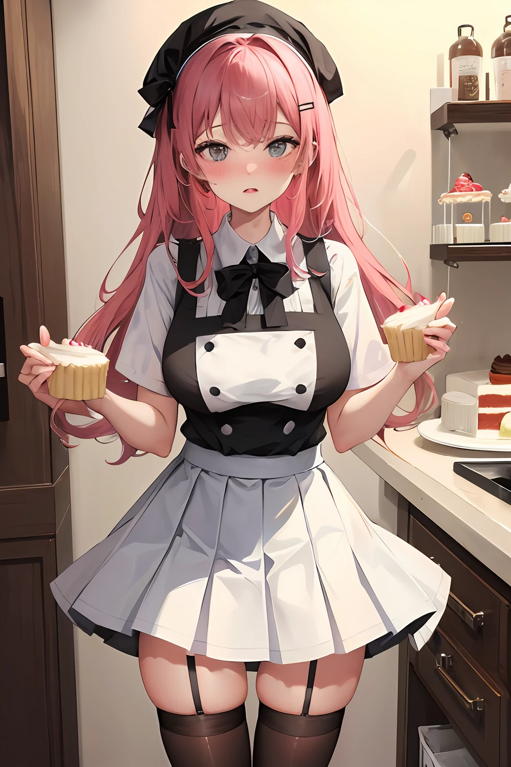 Cake maker,The girl is making a cake,Cute looking,Wear a white pleated skirt,Wear black stockings on the legs,large tities,big assa,Blushing