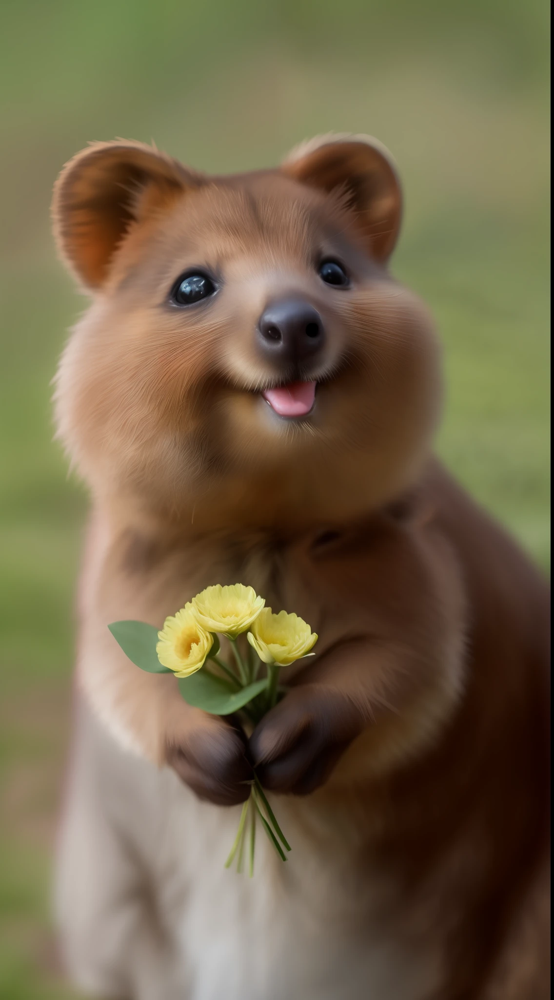 Best quality,No Man,
quokka,Holding a few flowers in his hand,The expression is cute and cute,Smile at you