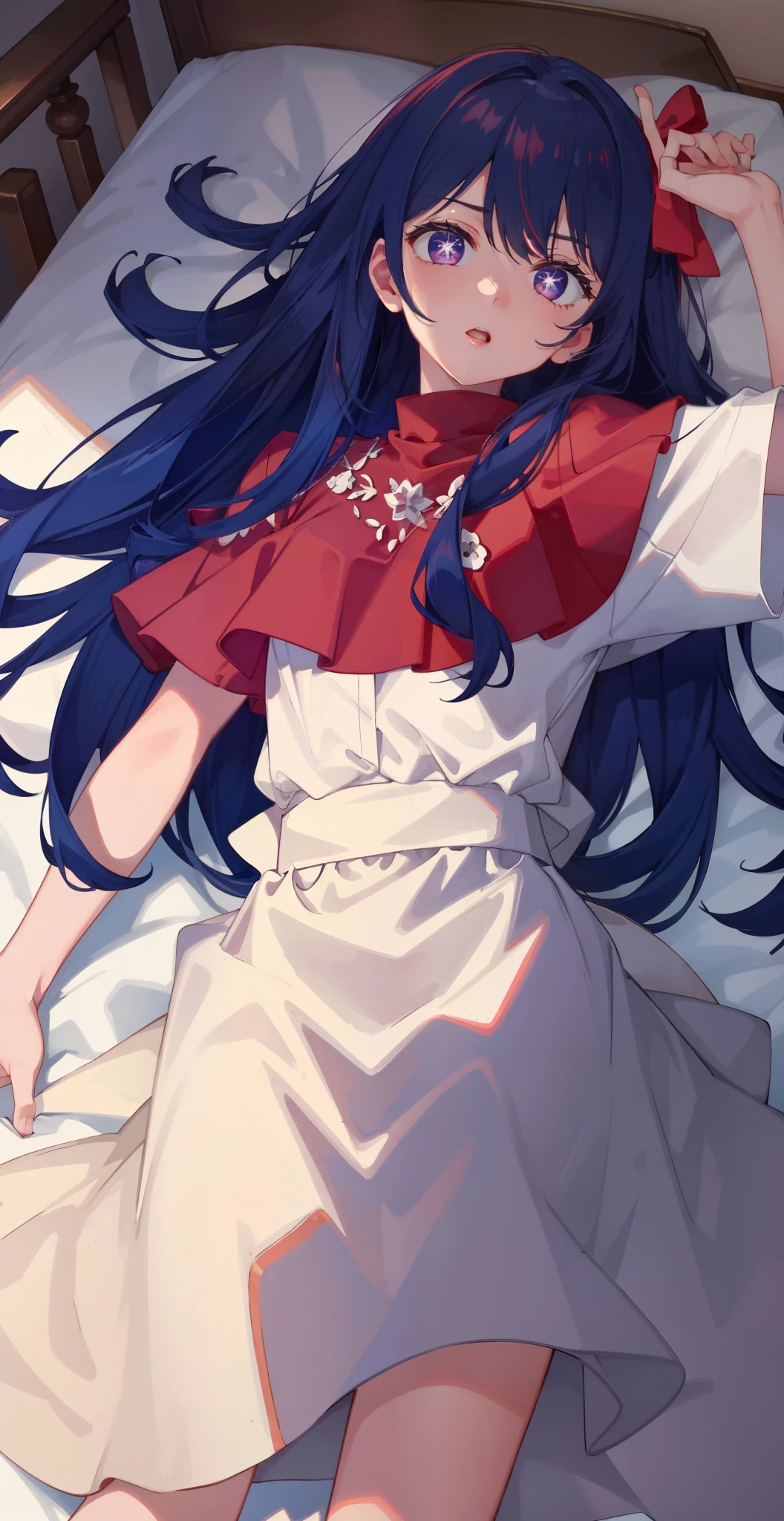 Hyper-detailing,A high resolution,Hyper-detailing,best qualtiy,astounding,top Quority,the Extremely Detailed CG Unity 8K Wallpapers,A woman with long purple hair in bed,Be red in the face,looking to the camera