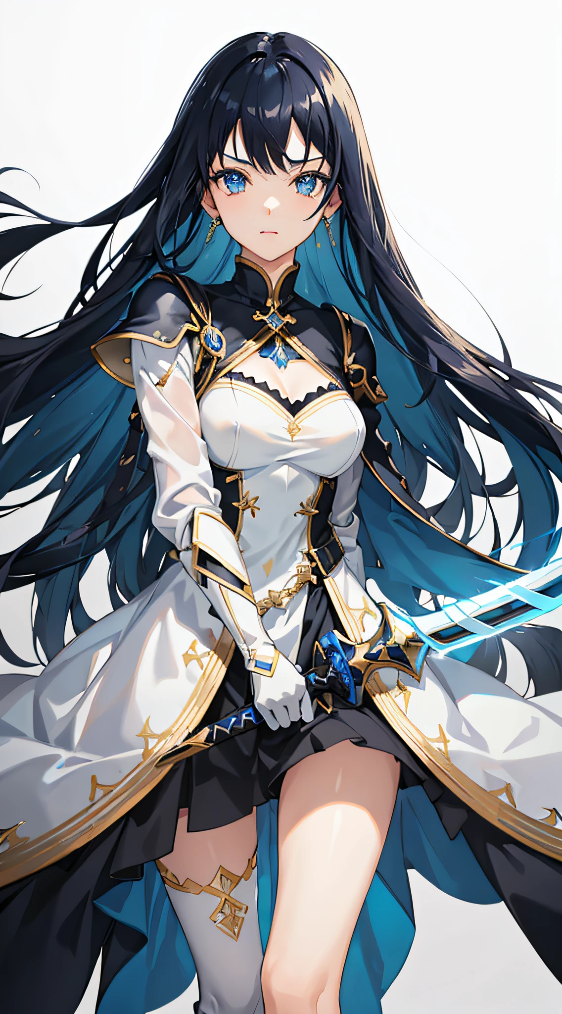 1girl, blue-black hair, shining eye, long sword, wind, white armor-dress, white and gold, glowing, sidelighting, wallpaper