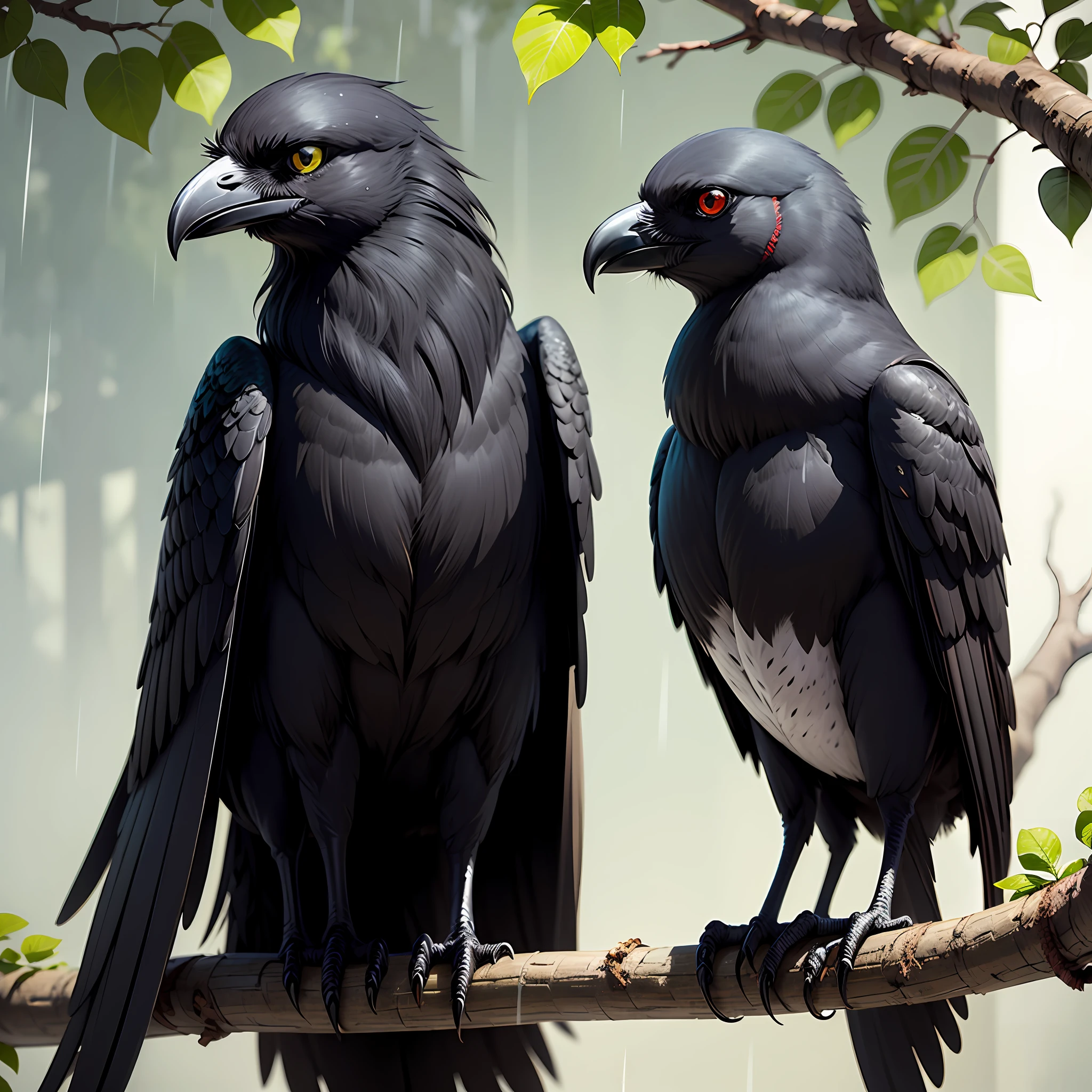 A beautiful animal black crow anime version with black wings black beak black nails and sharp black feathers black crow animal with green eyes and wearing eye patch animal crow sitting on a tree branch in the rain anime version --auto