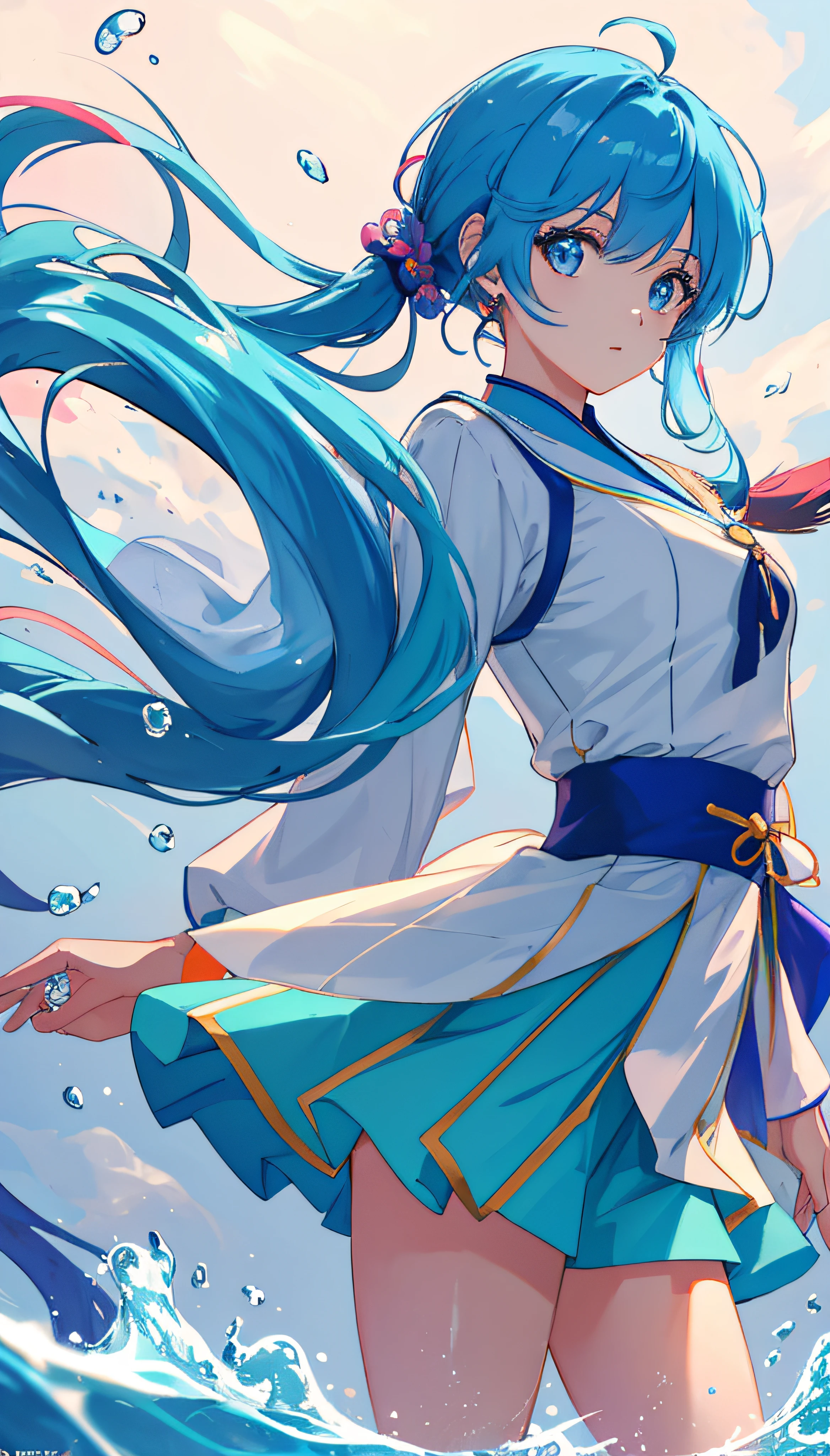 (Masterpiece), (Best quality), (Ultra detailed),(disheed hair),(illustration), (1girll), (Fashionable clothing), standing, Fashion model, view the viewer, (interview), (Simple background),美丽细致的眼睛，Delicate beauty，afloat，（high saturated），（Colorful splashes），Colorful bubbles，（Shine），Focus on the face，pony tails，Ayaka Kamisato，lightblue hair，By bangs，Hair rings，Floating flowers，floated hair，（Shiny），best illuminate，Best shadow，full bodyesbian，short  skirt