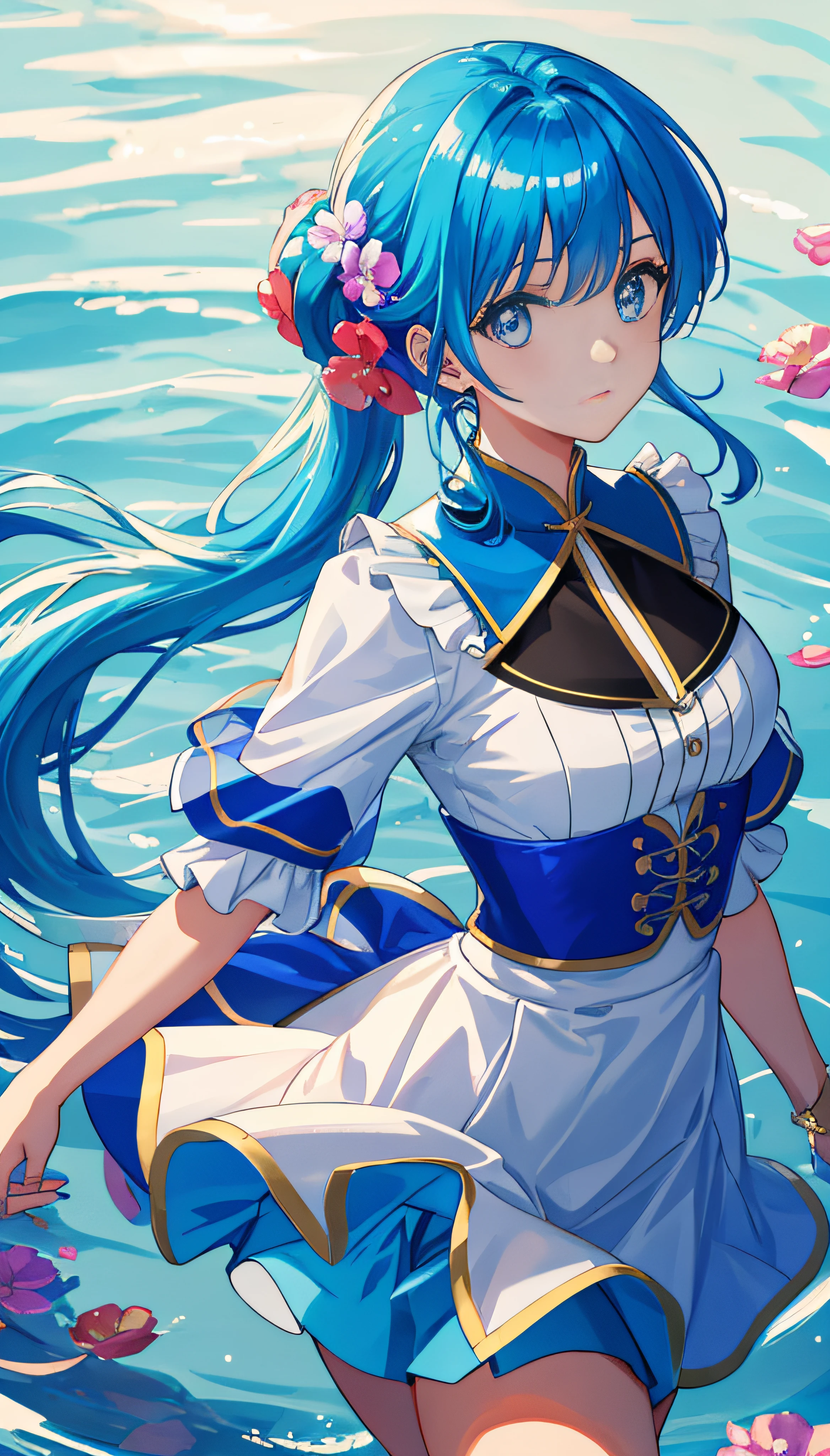 (Masterpiece), (Best quality), (Ultra detailed),(disheed hair),(illustration), (1girll), (Fashionable clothing), standing, Fashion model, view the viewer, (interview), (Simple background),美丽细致的眼睛,Delicate beauty,afloat,(high saturated),(Colorful splashes),Colorful bubbles,(Shine),Focus on the face,pony tails,Ayaka Kamisato,lightblue hair,By bangs,Hair rings,Floating flowers,floated hair,(Shiny),best illuminate,Best shadow,full bodyesbian,short skirt