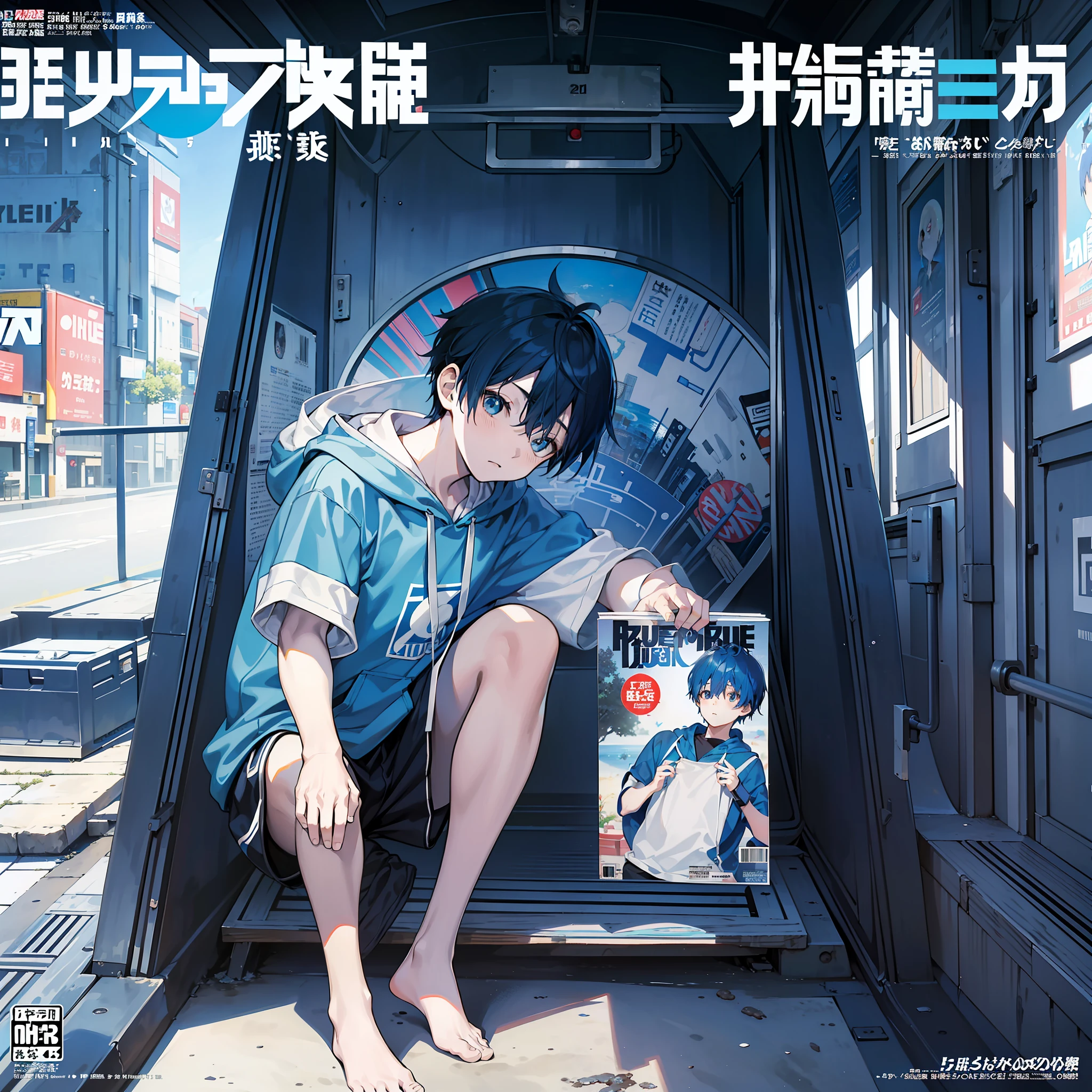 masterpiece, best quality, full body, (1boy), (blue hoodie), (Boy Messy Japanese Round Haircut for Thick Hair), (blue hair), black shorts, (solo), (magazine:1.3), (cover-style:1.3), fashionable,In side Tunnel Aquarium
