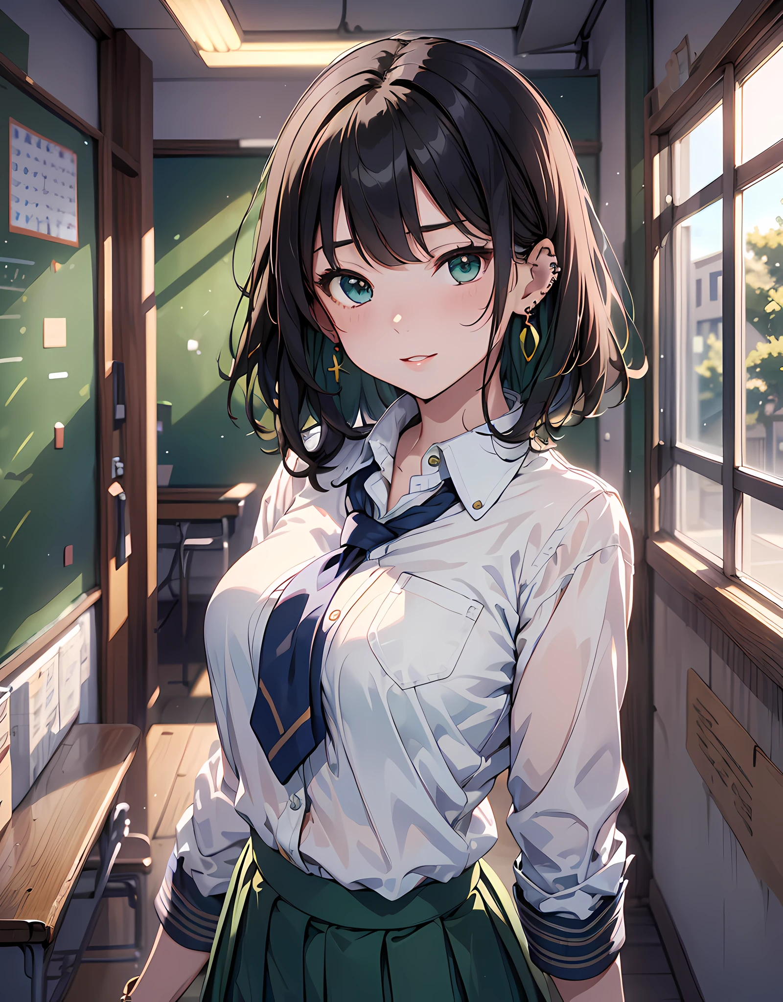 (masterpiece, best quality:1.37), highres, ultra-detailed, ultra-sharp, BREAK, Japanese school girl model, 1girl, (beautiful anime face, cute face, detailed face), (black hair, short hair, bangs), blue eyes, jewelry, earrings, piercing, BREAK, ((detailed school girl uniform:1.5), (detailed collard sailor shirt:1.3), (yellow tie:1.3), (dark-green pleats skirt:1.3), lovely look, detailed clothes), light smile, closed mouth, parted lips, pink lipstick, BREAK, standing, look back, from behind, cowboy shot, detailed human hands, HDTV:1.2, ((detailed school room background:1.3)), 8 life size, slender, anime style, anime style school girl, perfect anatomy, perfect proportion, inspiration from Kyoto animation and A-1 picture, late evening, excellent lighting, bright colors, clean lines, photorealistic