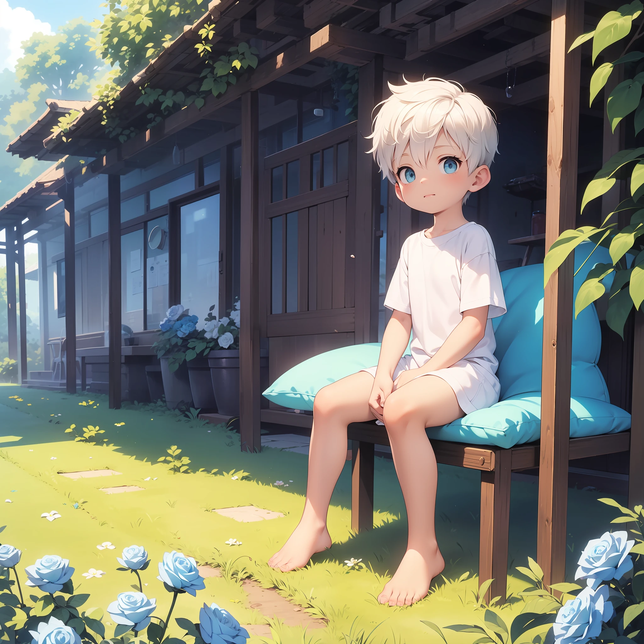 4K),  with white hair and barefoot and white clothes small tiny feet, He sits on a giant pillow on a field, which is covered with blue roses, und betet, Nebel Licht, Impressionismus, 2D, (Dornen: 1.1), (toter Baum: 1.1) Focused on feet,