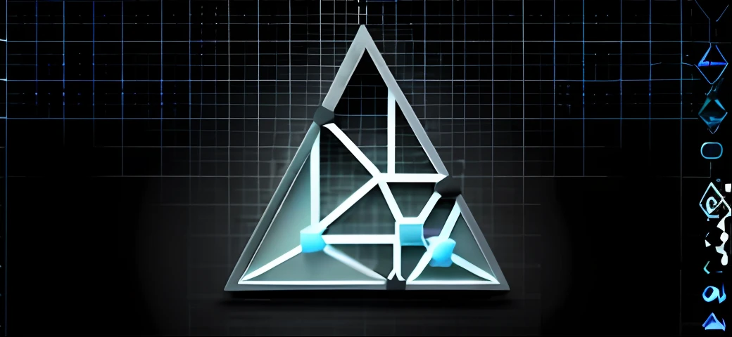 a black and white image of a triangle with a network link, ethereum!!!! logo, rhizomatic network, artificial intelligence logo, triangle, threyda, network, digital nodes, icon, triforce, centralised, centralized, in triangular formation, medium poly, geometry, reddit, generative adversarial network, digital asset, triangles in background