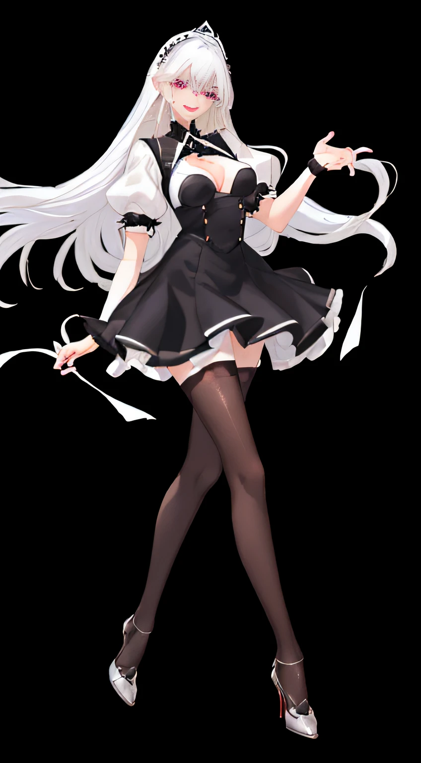 top-quality、femele、in her 20s、Ultra-fine hair、white hair、a smile、full bodyesbian、pretty pose、shortsleeves、a miniskirt、Underwear is see-through、Black costume、Black tights、Black High Heels、Outstanding style、Top quality eyes、Kamimei、 looking