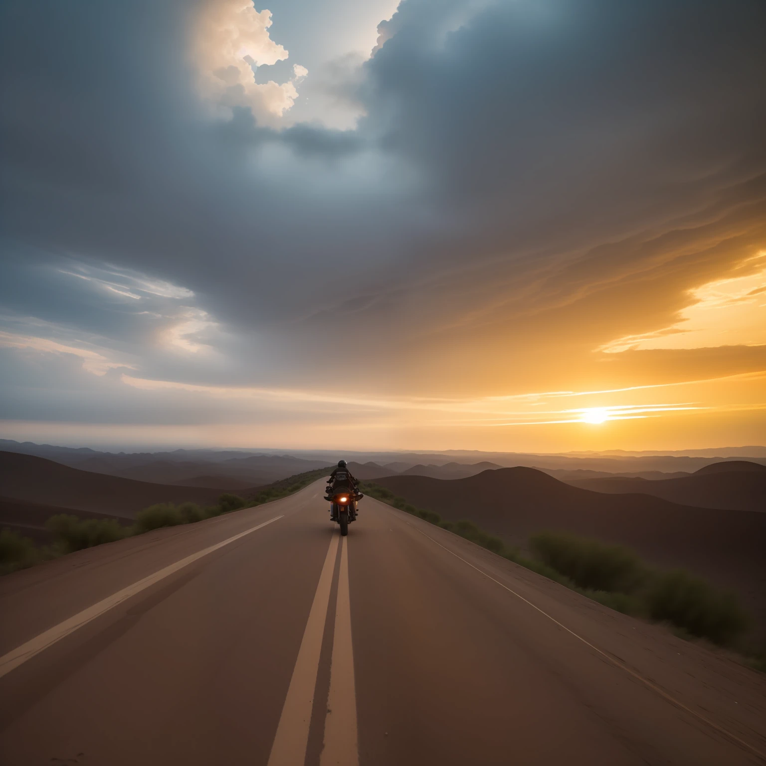 Two Riders camera from behind riding side by side in a cloud of dust on two Harley motorcycles into the cloudy sunset in a desolated valley on a path leading to a futuristic high rise city scape on the horizon leaving cloud of dust behind camera from the back.