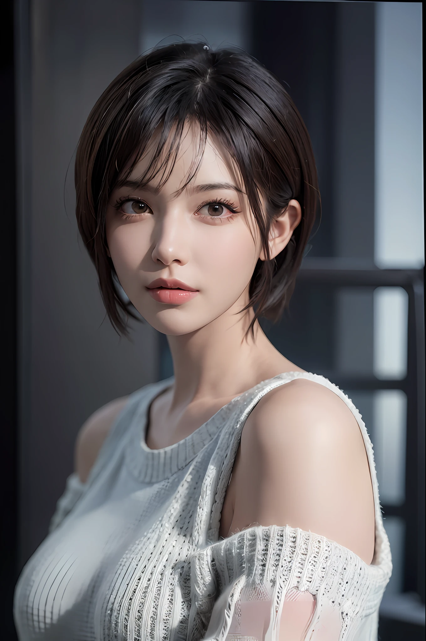 (masterpiece:1.3), (8k, photorealistic, RAW photo, best quality: 1.4), (1girl), beautiful face, (realistic face), (black hair, short hair:1.3), beautiful hairstyle, realistic eyes, beautiful detailed eyes, (realistic skin), beautiful skin, (sweater), absurdres, attractive, ultra high res, ultra realistic, highly detailed, golden ratio