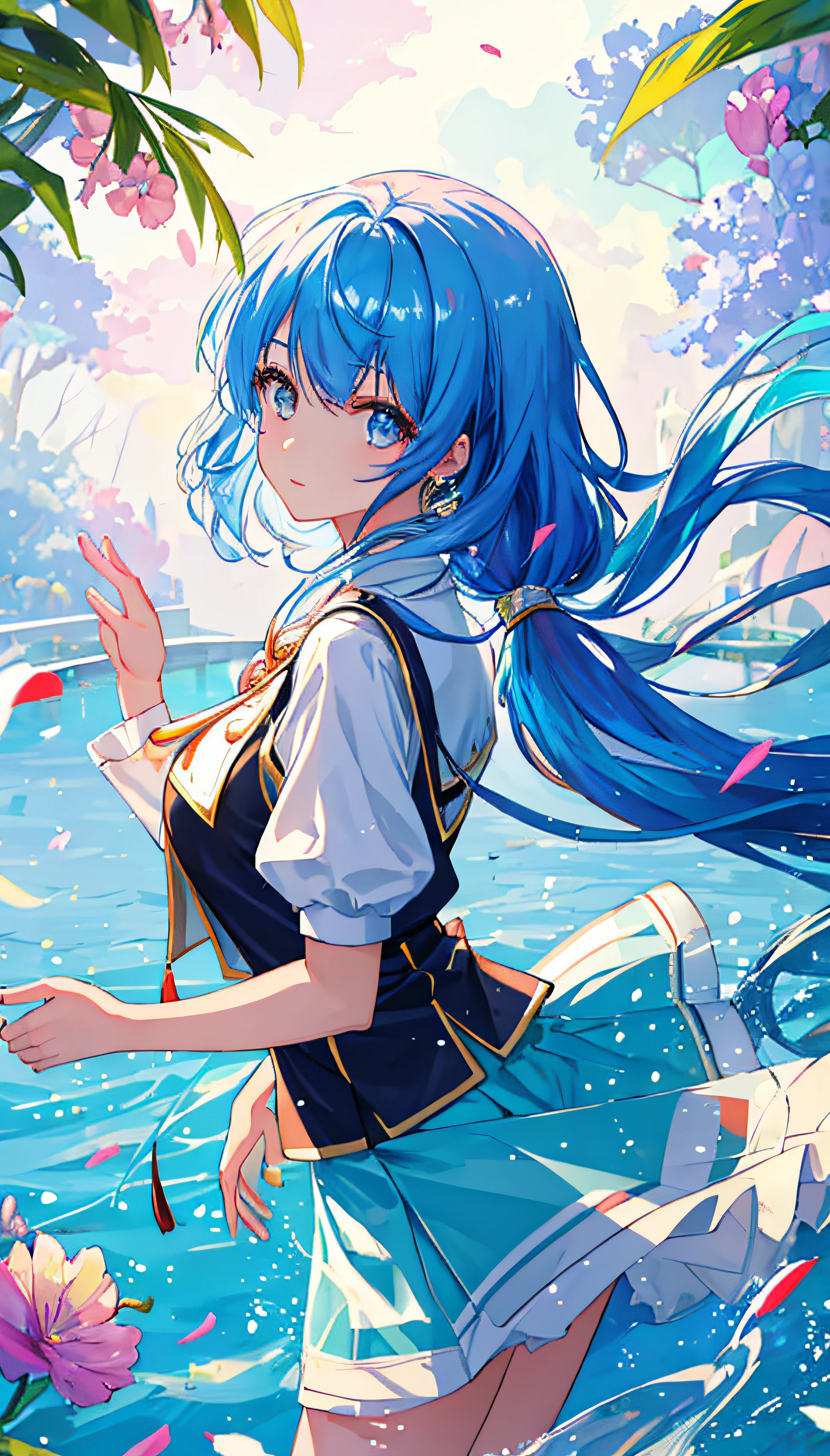 (Masterpiece), (Best quality), (Ultra detailed),(disheed hair),(illustration), (1girll), (Fashionable clothing), standing, Fashion model, view the viewer, (interview), (Simple background),美丽细致的眼睛，Delicate beauty，afloat，（high saturated），（Colorful splashes），Colorful bubbles，（Shine），Focus on the face，pony tails，Ayaka Kamisato，lightblue hair，By bangs，Hair rings，Floating flowers，floated hair，（Shiny），best illuminate，Best shadow，full bodyesbian，short  skirt