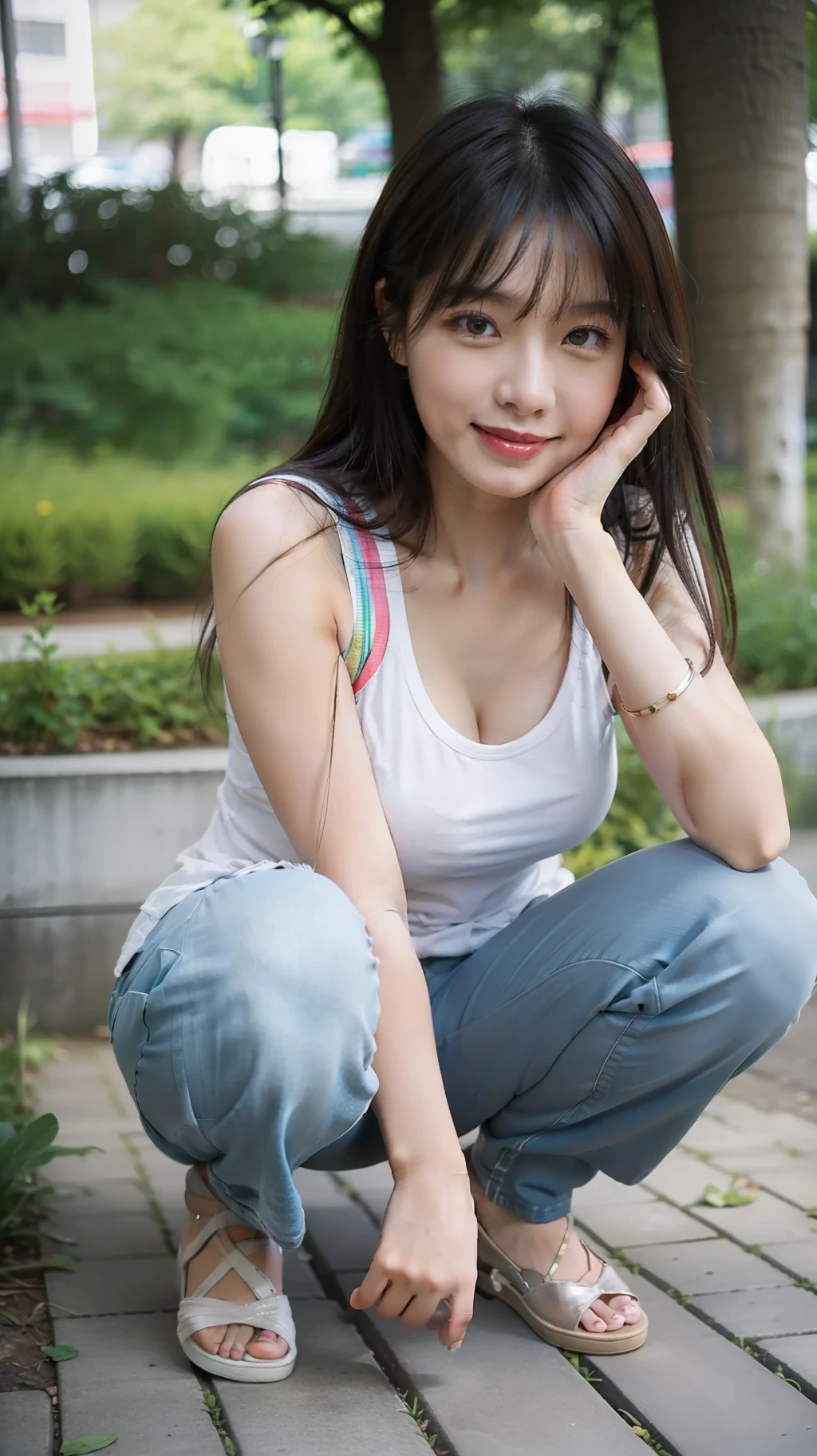 A beautiful Asian girl, smile, straight hair, white skin, smooth skin, medium breasts size, wearing colourful tank top, pants, squatting at the park, RAW photo, 16k