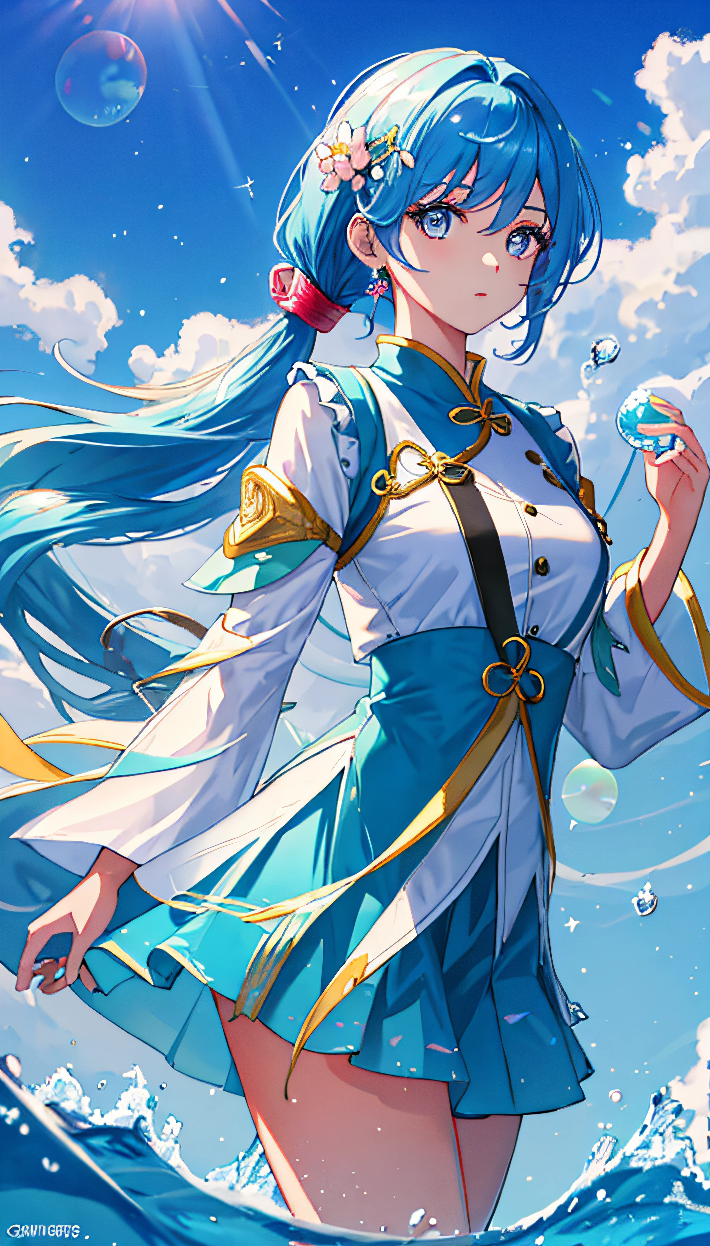 (Masterpiece), (Best quality), (Ultra detailed),(disheed hair),(illustration), (1girll), (Fashionable clothing), standing, Fashion model, view the viewer, (interview), (Simple background),美丽细致的眼睛,Delicate beauty,afloat,(high saturated),(Colorful splashes),Colorful bubbles,(Shine),Focus on the face,pony tails,Ayaka Kamisato,lightblue hair,By bangs,Hair rings,Floating flowers,floated hair,(Shiny),best illuminate,Best shadow,full bodyesbian,short skirt