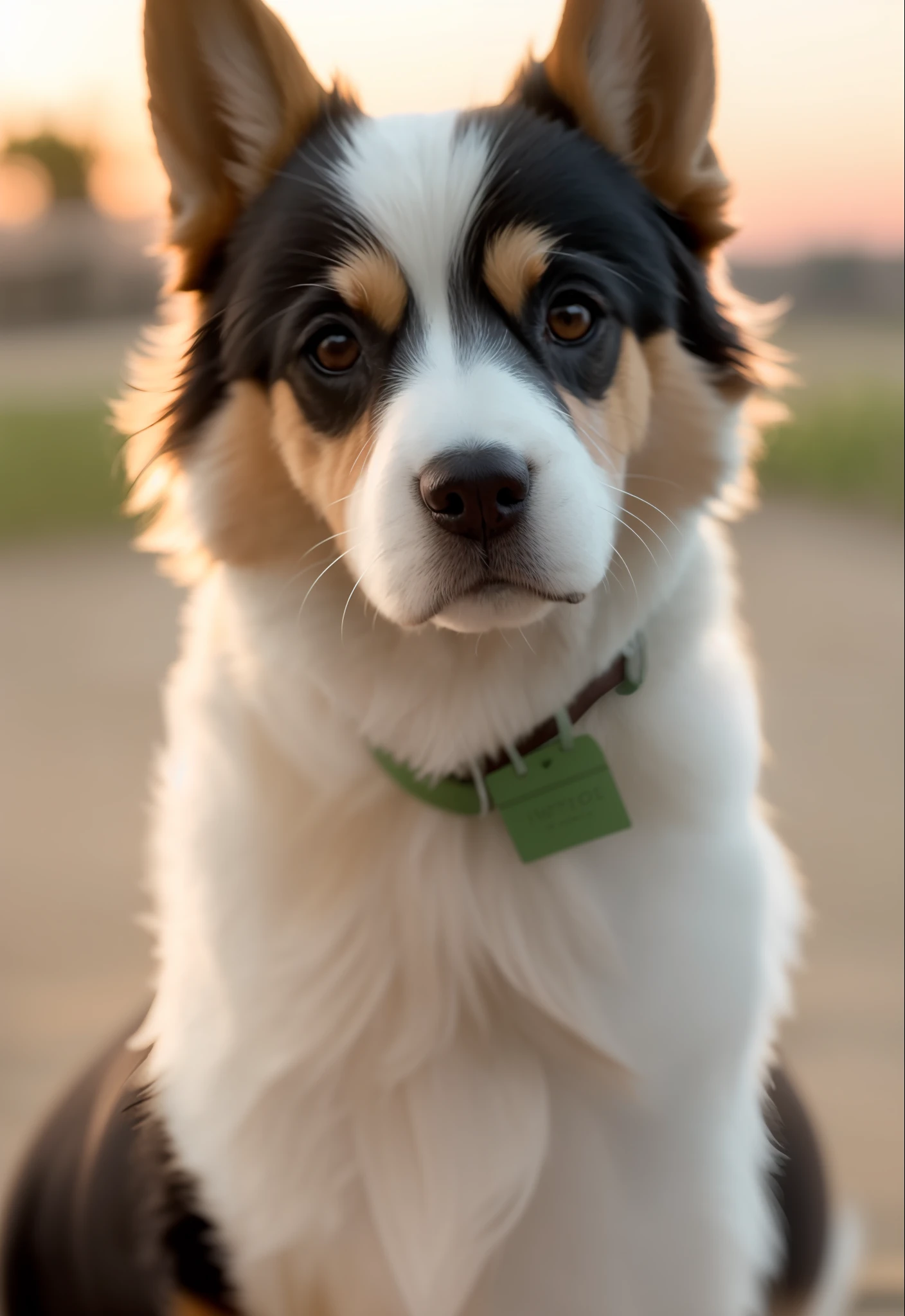 Happy little corgi，Tilt your head to look at you，Express that you don't like it，Simula's disgust on your face，close up photograph，the sunset，80mm，f/1.8，degrees of freedom，Bokeh，depth of fields，sub surface scattering，Pointillism